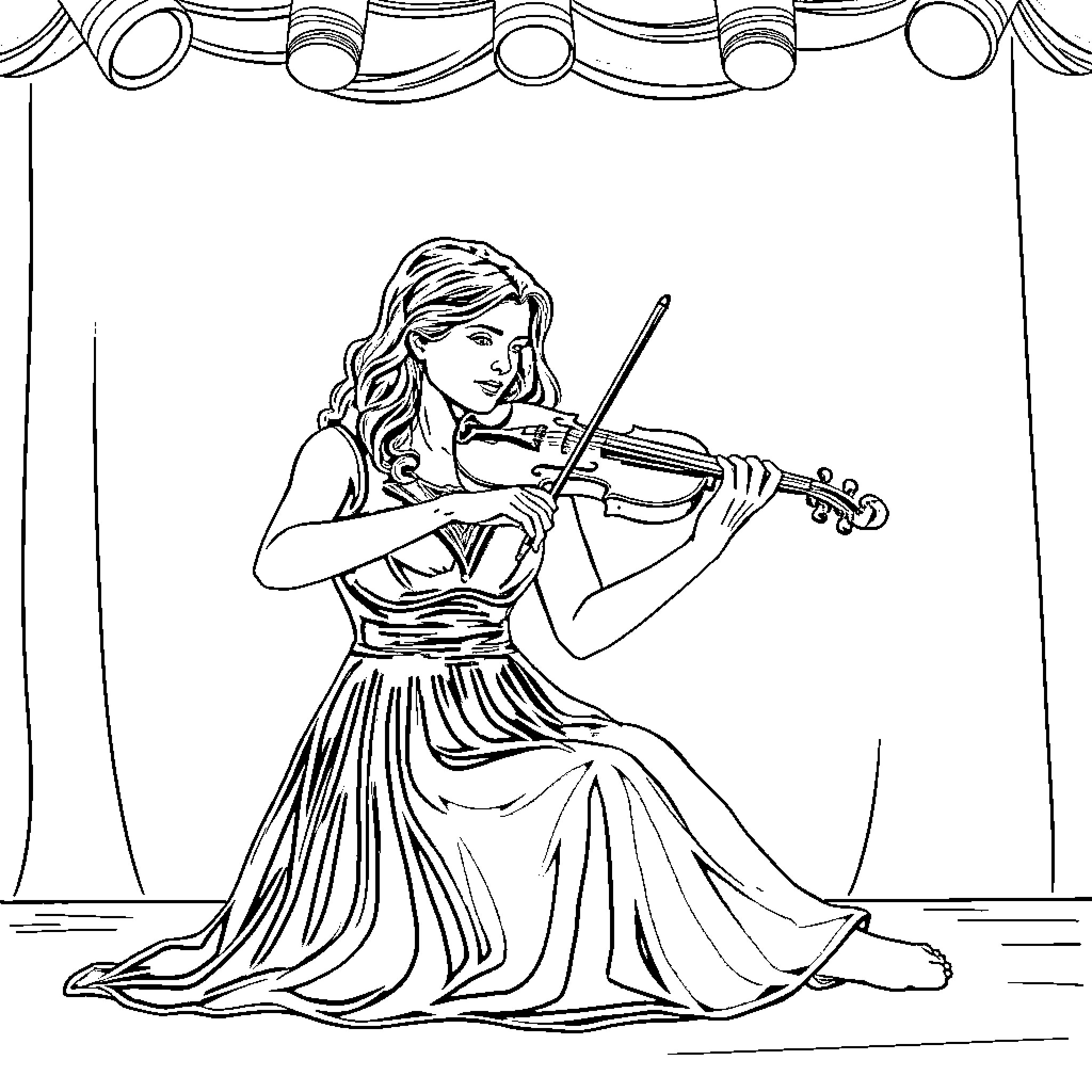Victoria Grier playing the violin on stage Coloring Page (free black-and-white line drawing printable PDF for all, from beginners to advanced learners, including children, teens, adults, and seniors)
