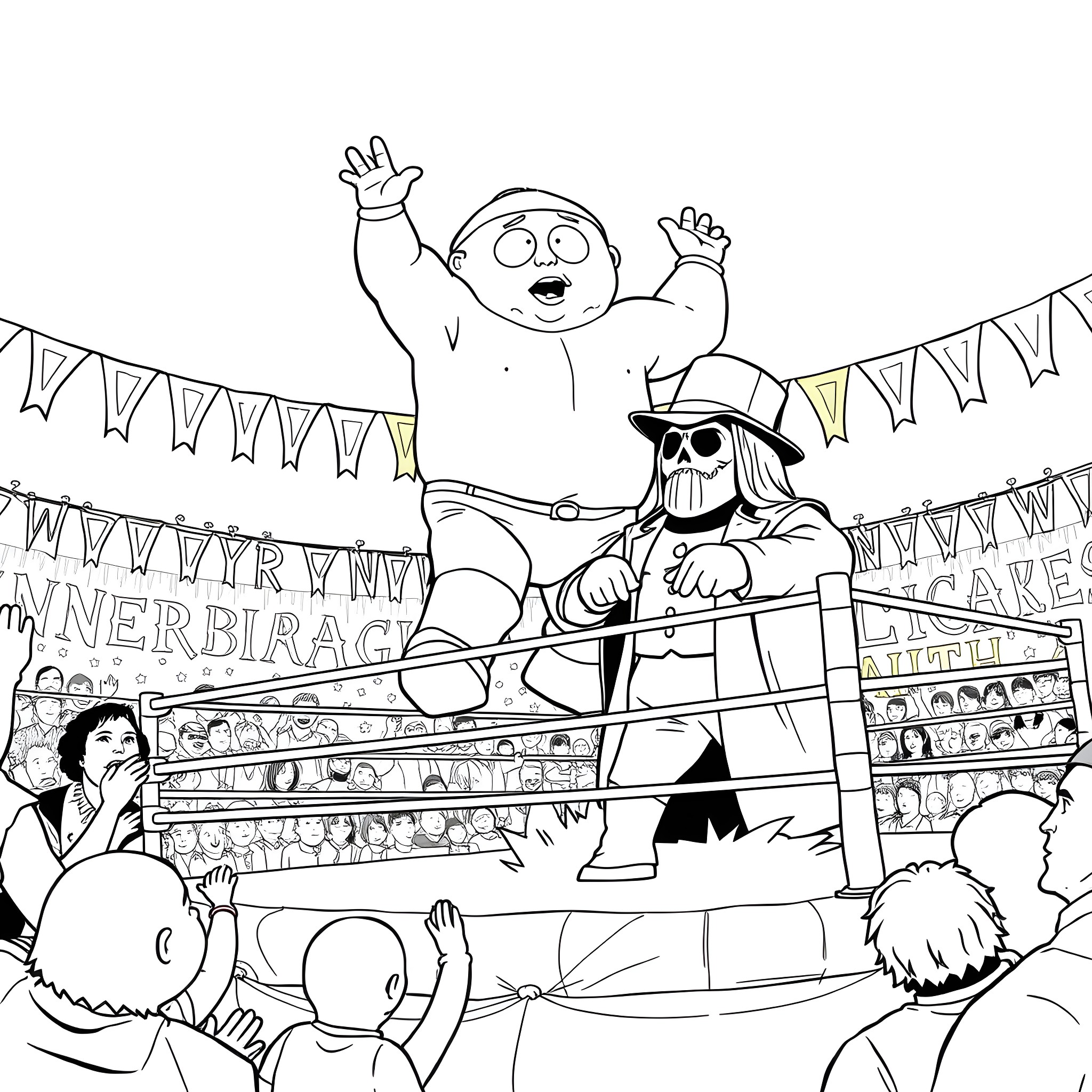 Eric Cartman celebrating a wrestling match victory Coloring Page (free black-and-white line drawing printable PDF for all, from beginners to advanced learners, including children, teens, adults, and seniors)