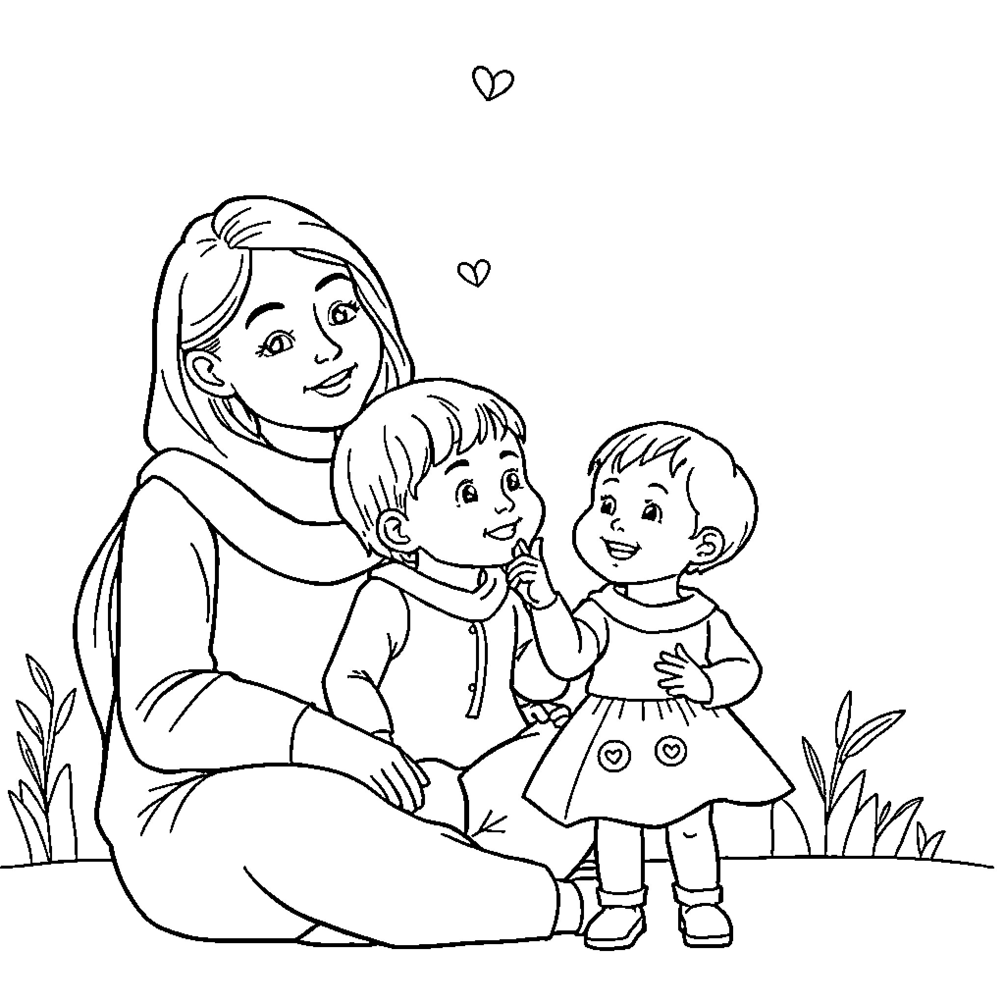 Parent Function Embracing and Caring for Children Coloring Page (free black-and-white line drawing printable PDF for all, from beginners to advanced learners, including children, teens, adults, and seniors)