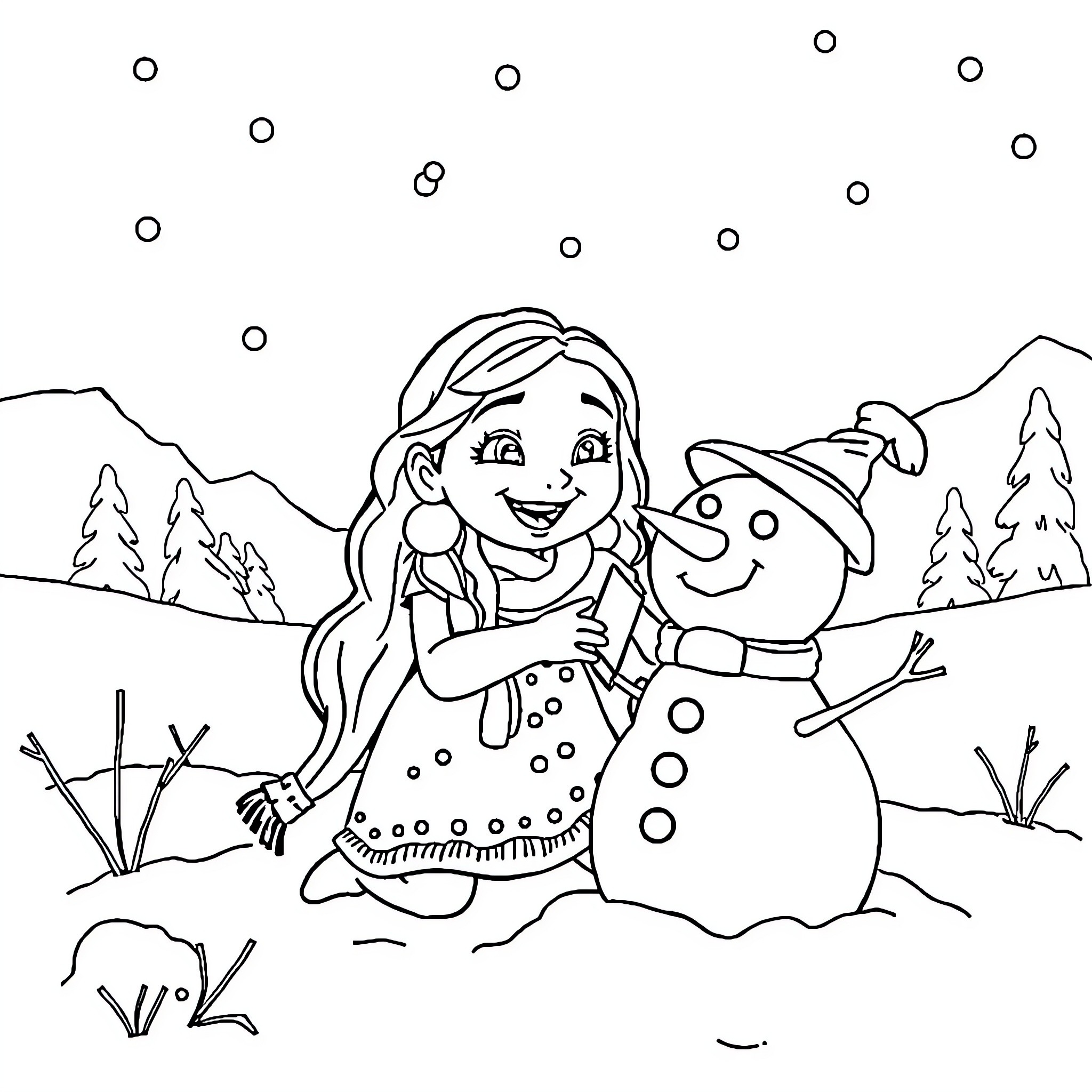 Moana building a snowman in the winter wonderland Coloring Page (free black-and-white line drawing printable PDF for all, from beginners to advanced learners, including children, teens, adults, and seniors)
