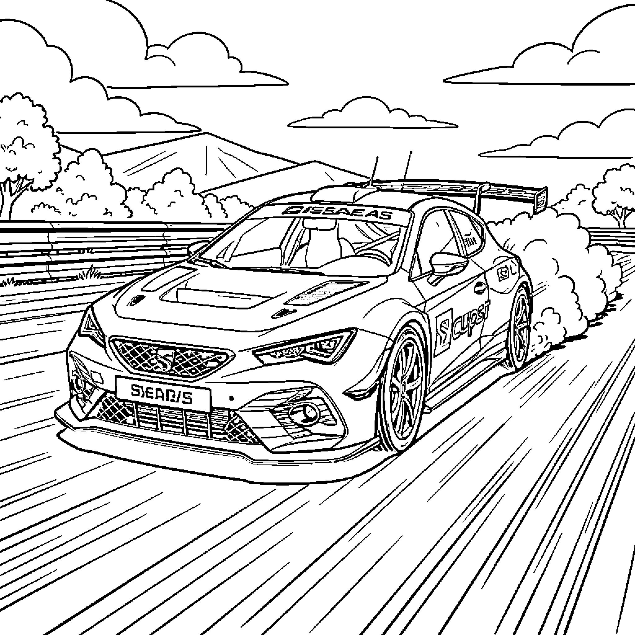 Seat Cupra racing fast on a track Coloring Page (free black-and-white line drawing printable PDF for all, from beginners to advanced learners, including children, teens, adults, and seniors)