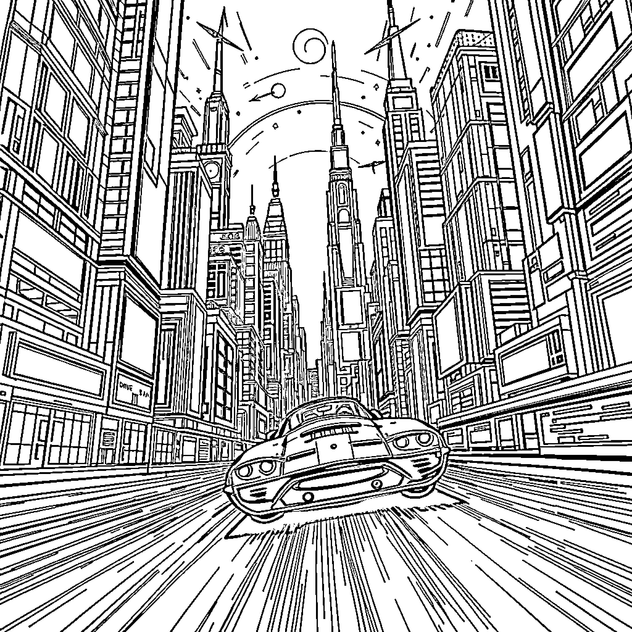 Flying Car Racing Through Futuristic City Skyline Coloring Page (free black-and-white line drawing printable PDF for all, from beginners to advanced learners, including children, teens, adults, and seniors)