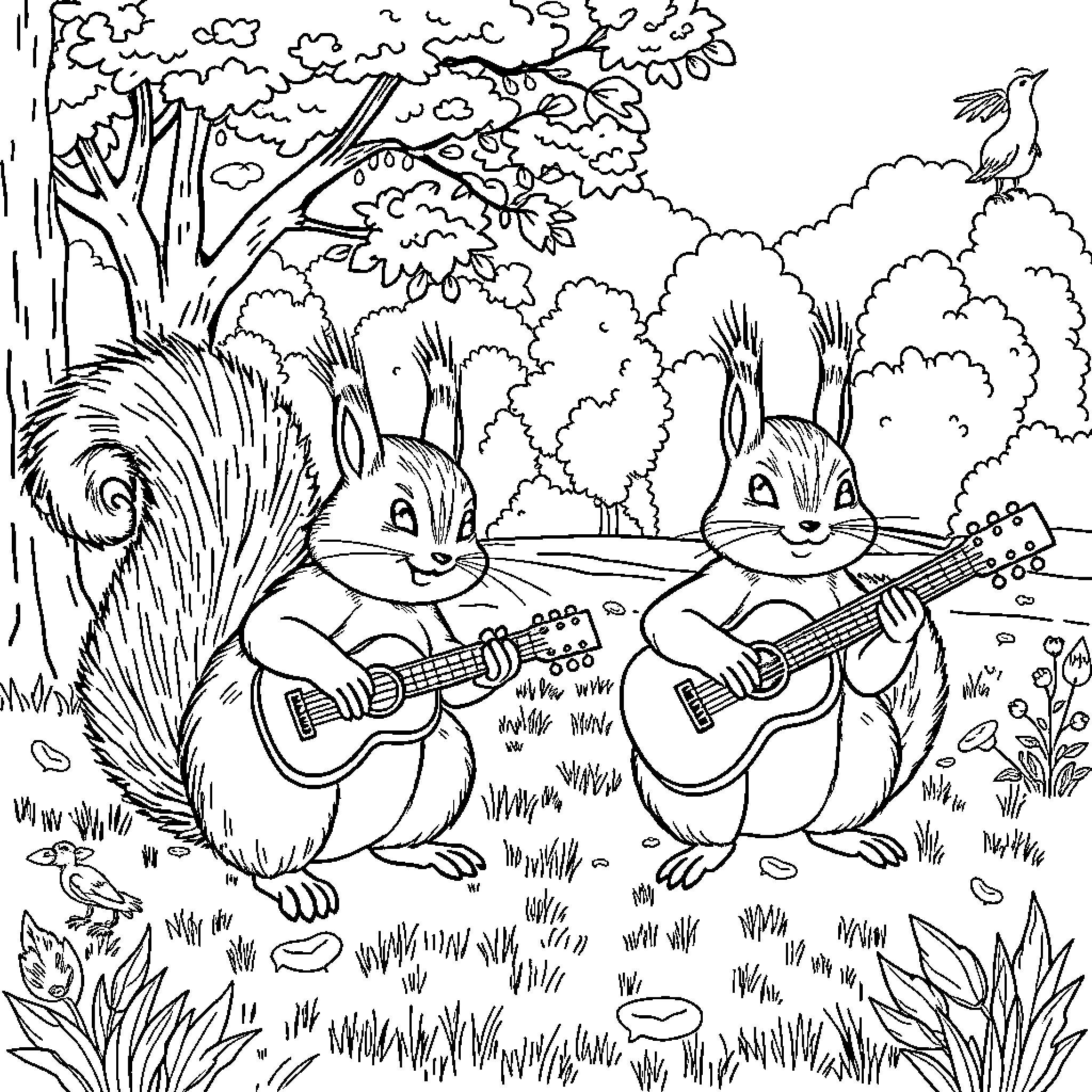 Squirrels playing music in the forest Coloring Page (free black-and-white line drawing printable PDF for all, from beginners to advanced learners, including children, teens, adults, and seniors)