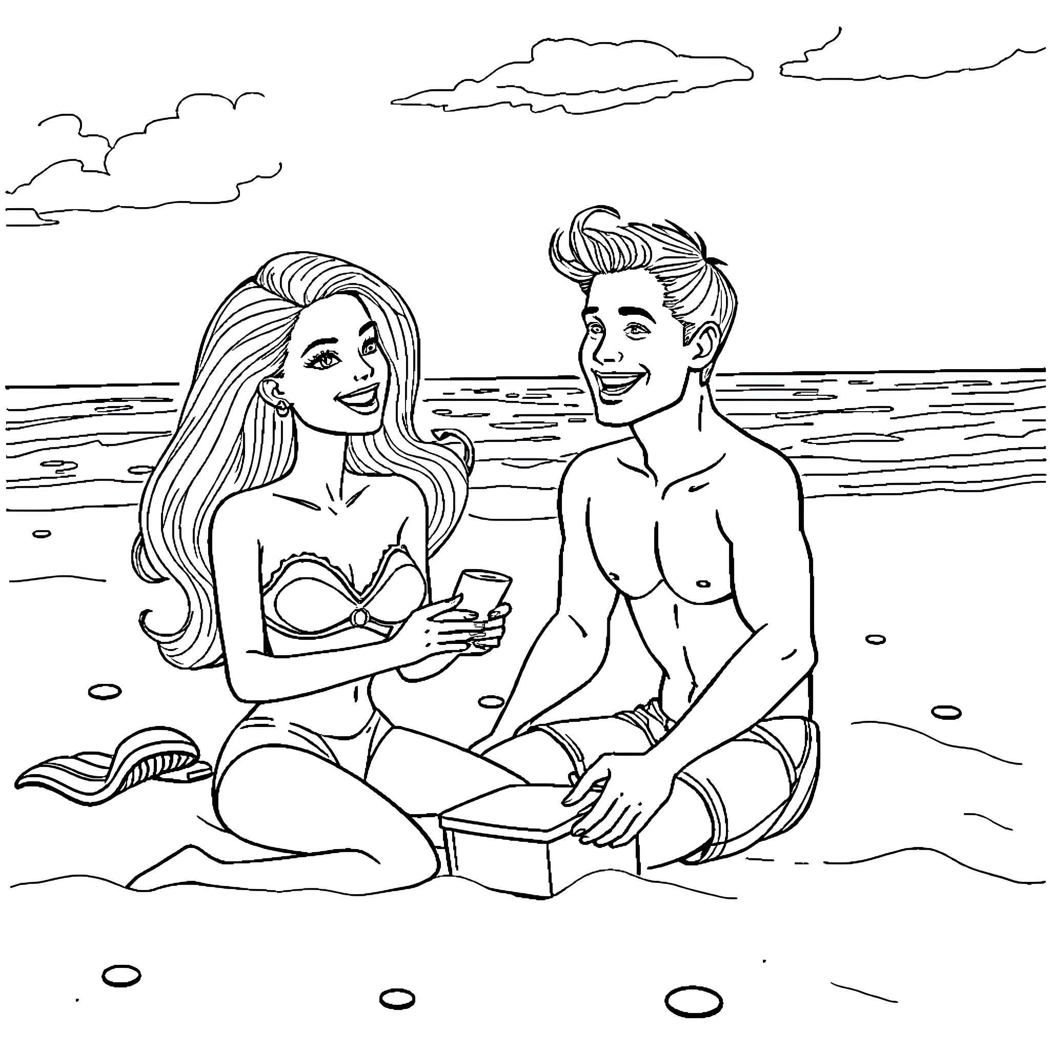 Barbie and Ken enjoying a beachside picnic Coloring Page (free black-and-white line drawing printable PDF for all, from beginners to advanced learners, including children, teens, adults, and seniors)