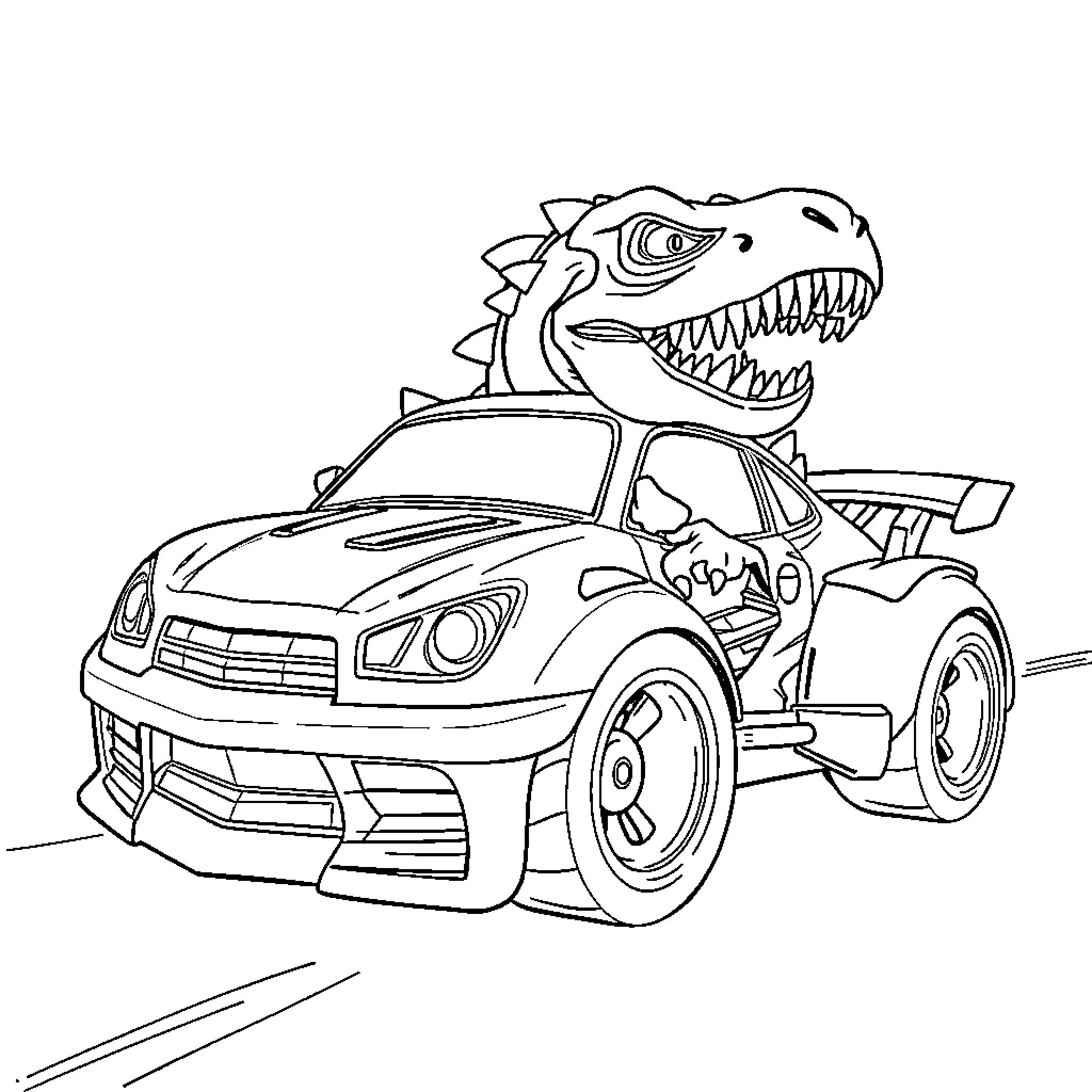 Monster Truck with Dinosaur-Themed Decoration Coloring Page (free black-and-white line drawing printable PDF for all, from beginners to advanced learners, including children, teens, adults, and seniors)