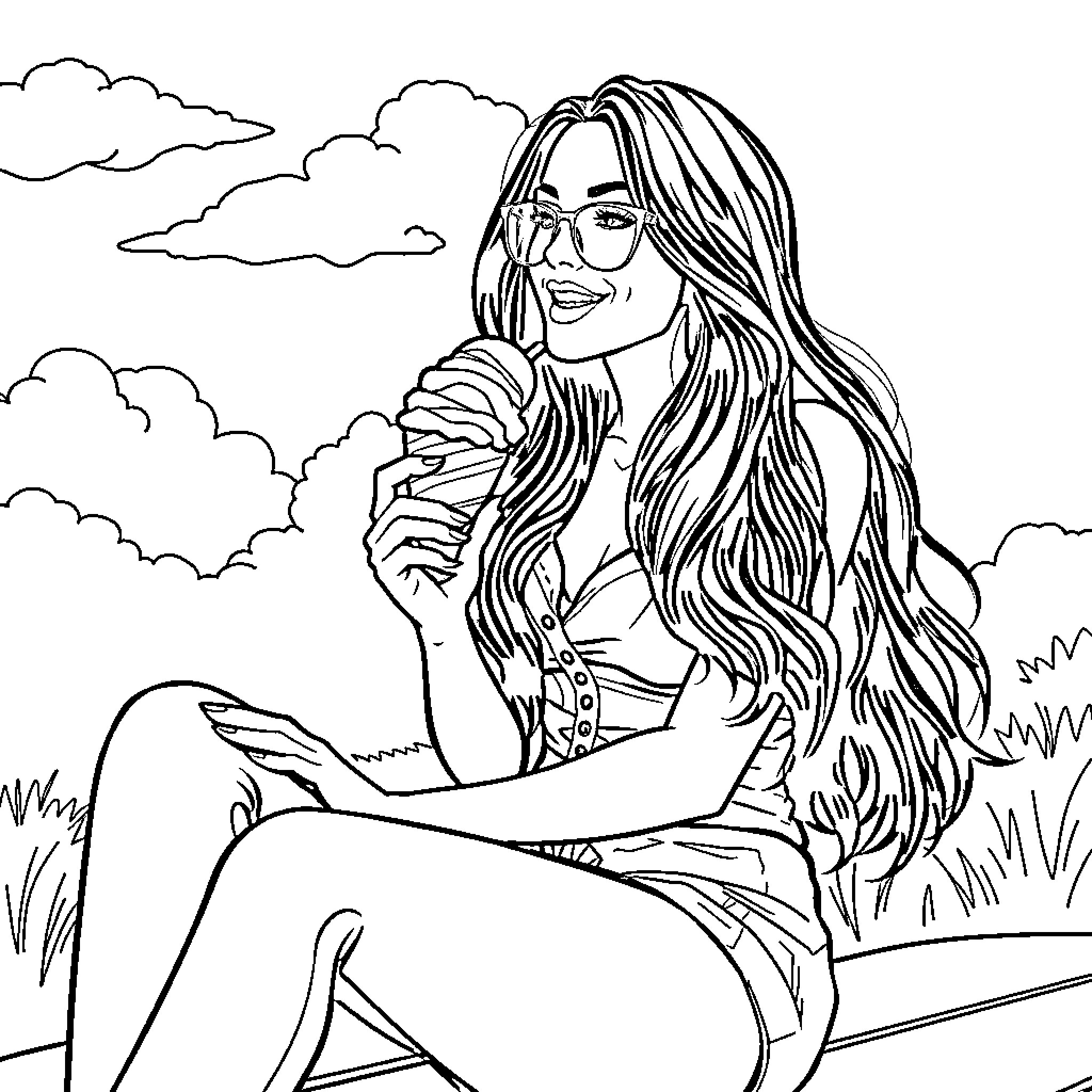 Megan Fox relaxing in nature Coloring Page (free black-and-white line drawing printable PDF for all, from beginners to advanced learners, including children, teens, adults, and seniors)
