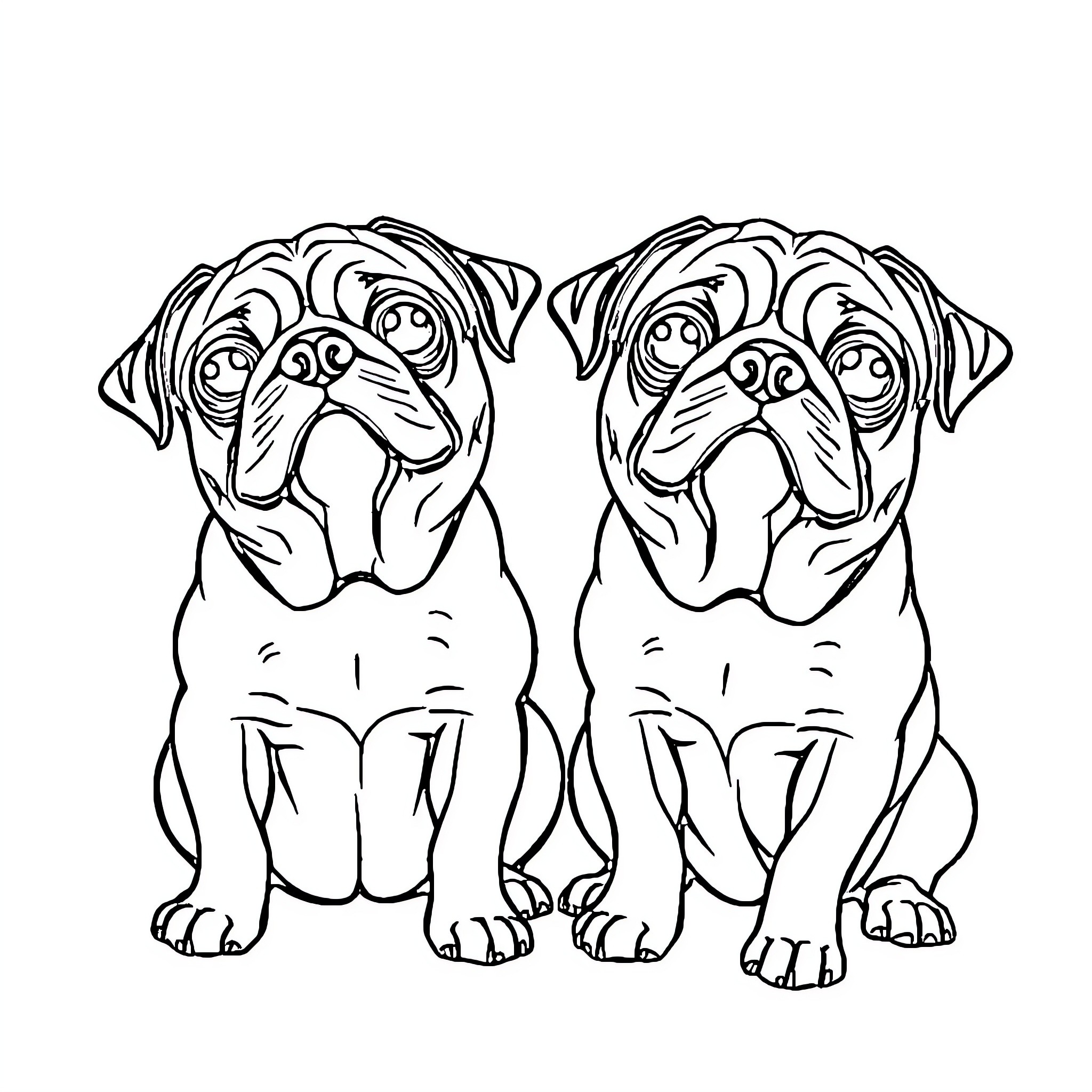 Pug Pair Sitting Happily Together Coloring Page (free black-and-white line drawing printable PDF for all, from beginners to advanced learners, including children, teens, adults, and seniors)