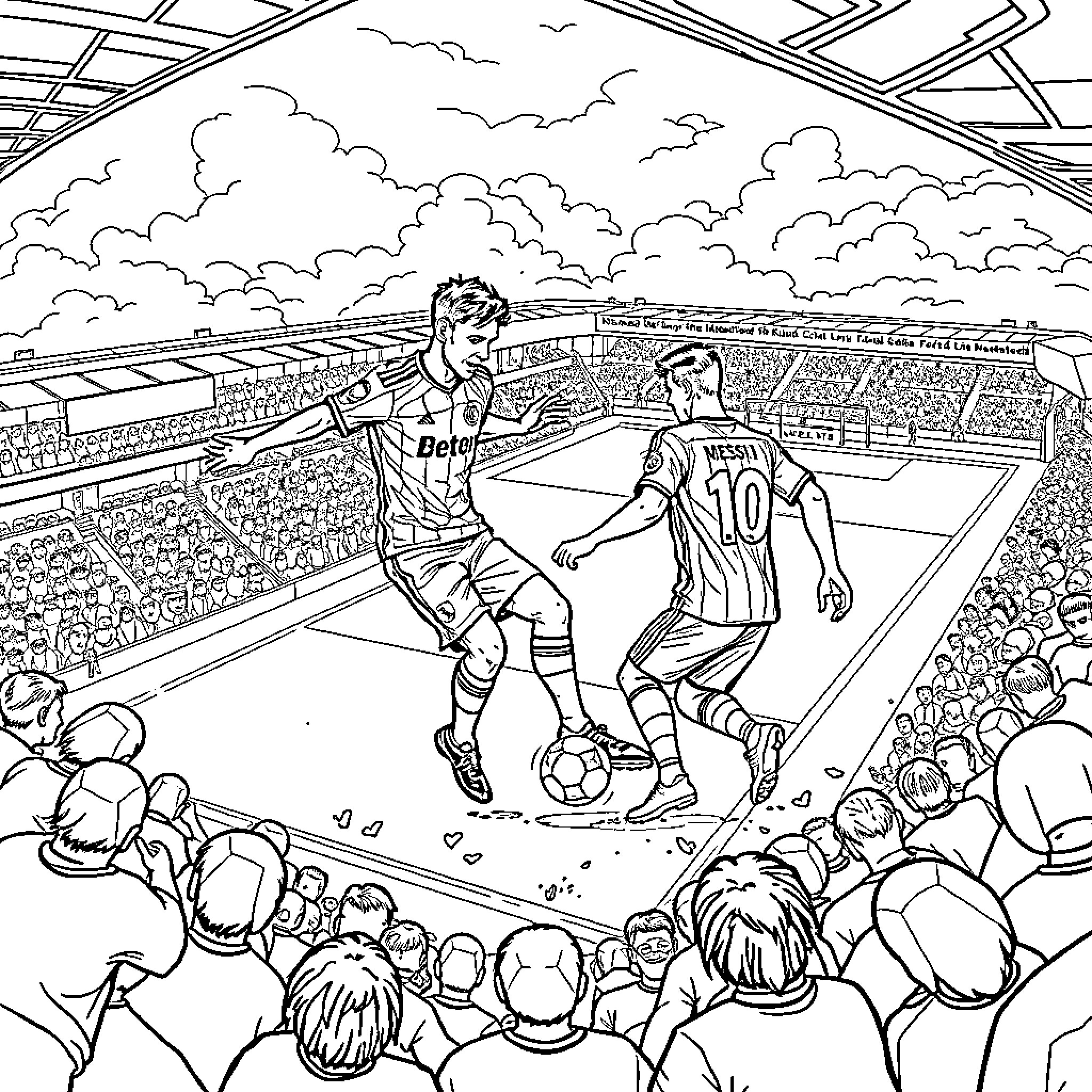 Football Players in Action on the Field Coloring Page (free black-and-white line drawing printable PDF for all, from beginners to advanced learners, including children, teens, adults, and seniors)