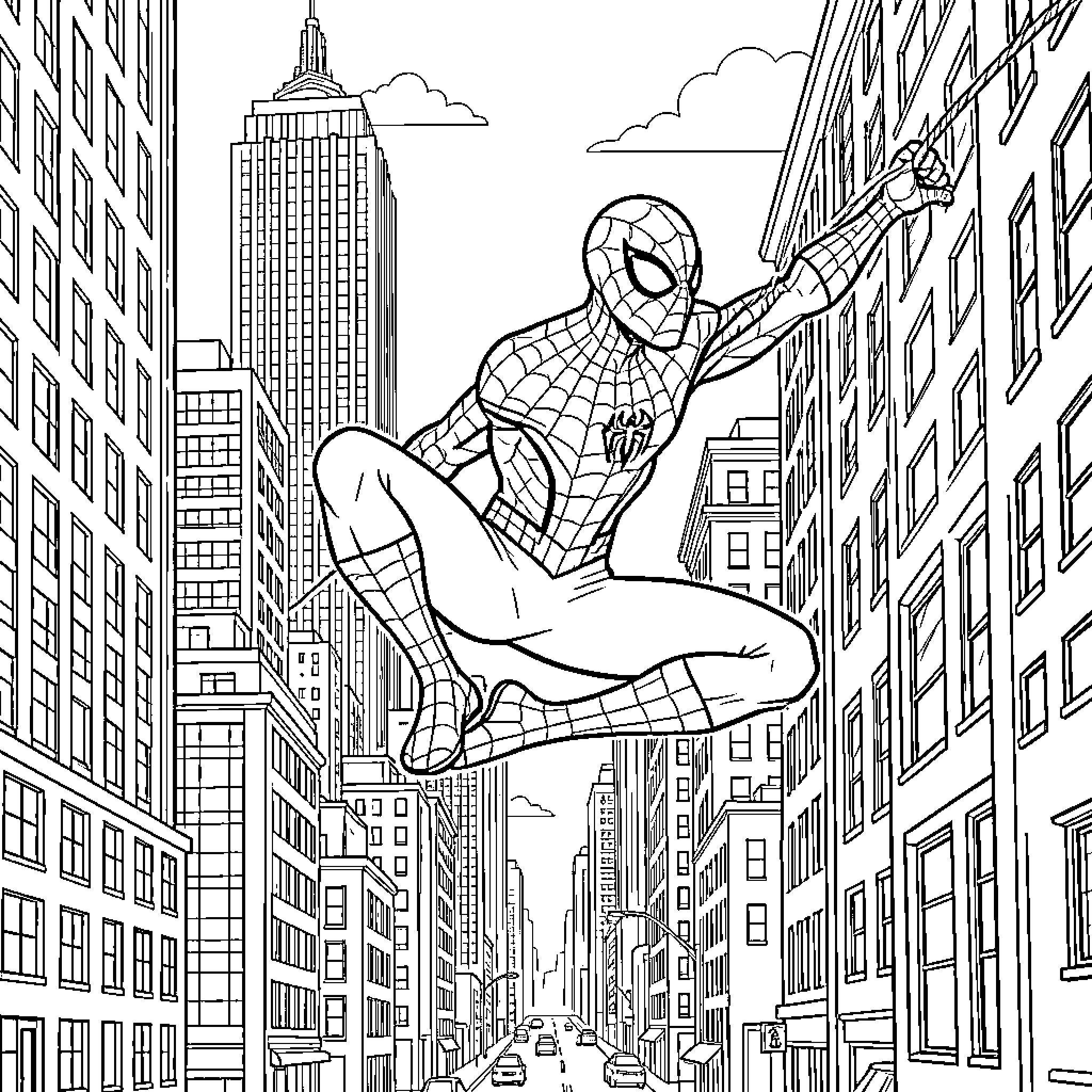 Spiderman swinging through the city skyline Coloring Page (free black-and-white line drawing printable PDF for all, from beginners to advanced learners, including children, teens, adults, and seniors)