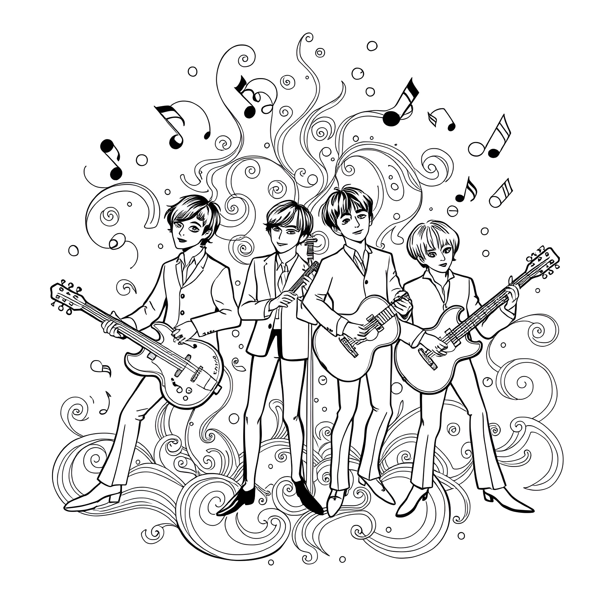 Beatles performing with music notes and swirls Coloring Page (free black-and-white line drawing printable PDF for all, from beginners to advanced learners, including children, teens, adults, and seniors)