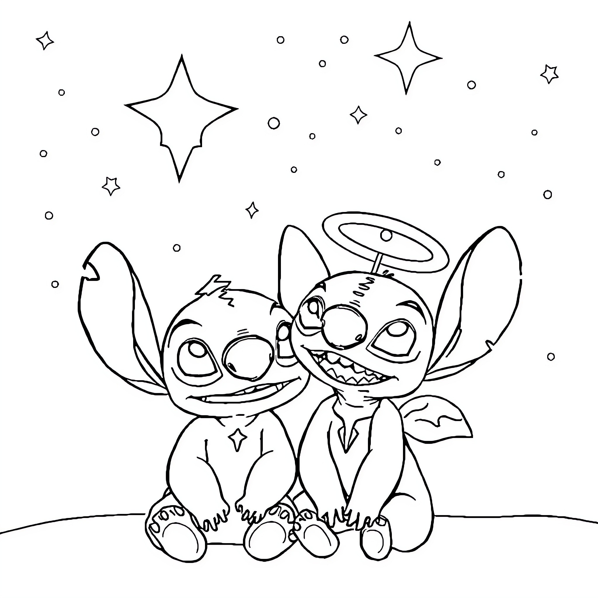 Stitch surrounded by twinkling stars and moons Coloring Page (free black-and-white line drawing printable PDF for all, from beginners to advanced learners, including children, teens, adults, and seniors)