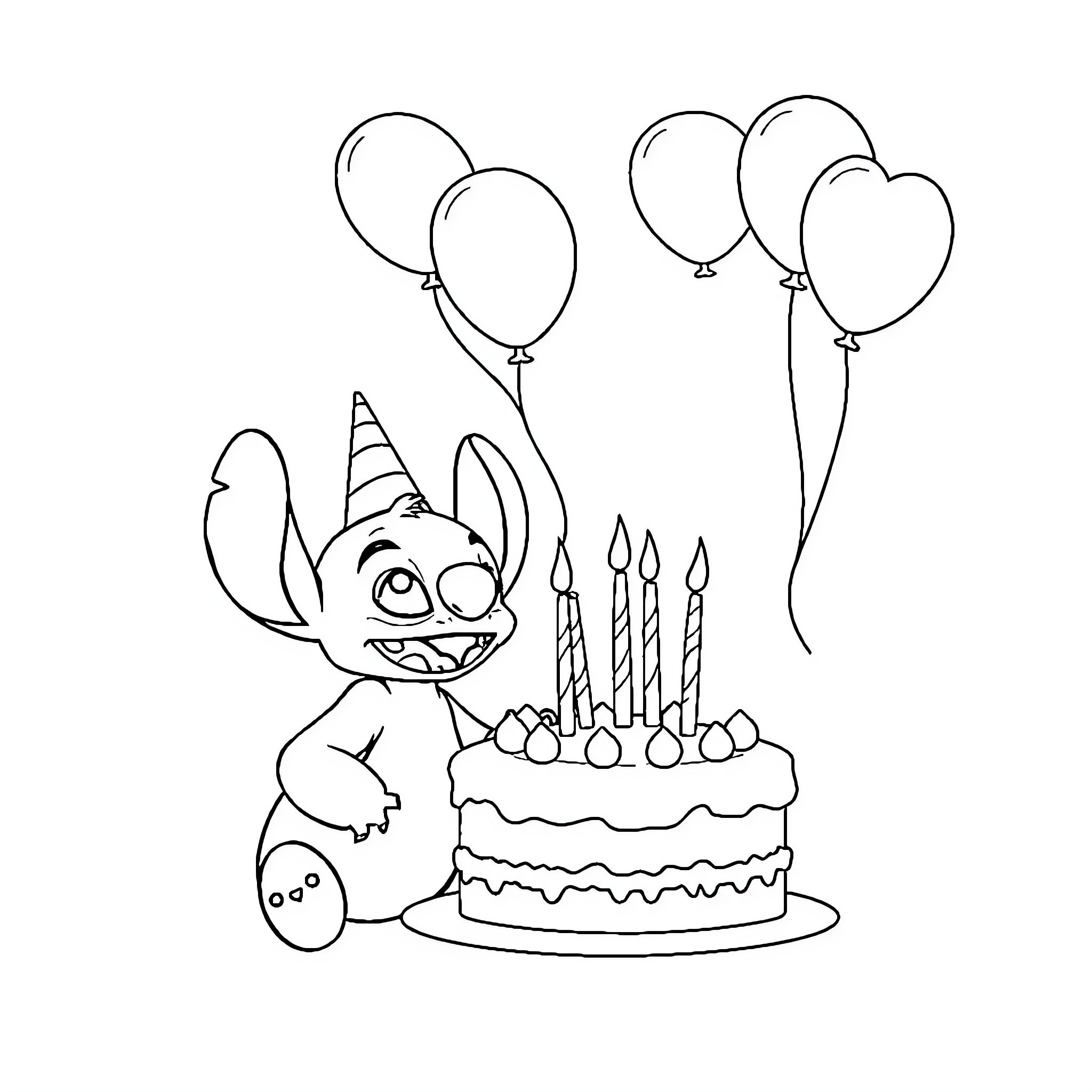 Stitch celebrates birthday with cake and balloons Coloring Page (free black-and-white line drawing printable PDF for all, from beginners to advanced learners, including children, teens, adults, and seniors)