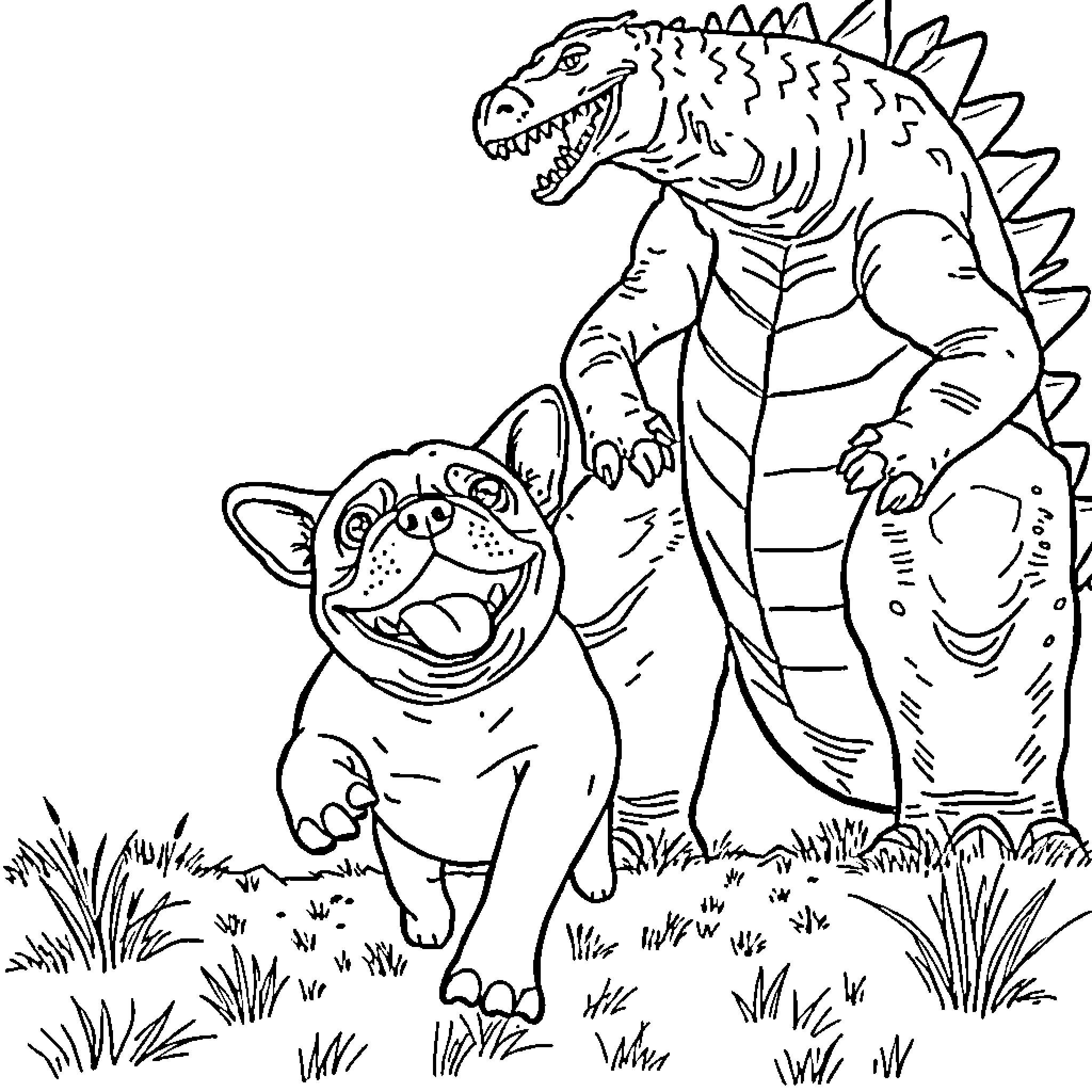 French Bulldog playing with dinosaur in the wild Coloring Page (free black-and-white line drawing printable PDF for all, from beginners to advanced learners, including children, teens, adults, and seniors)