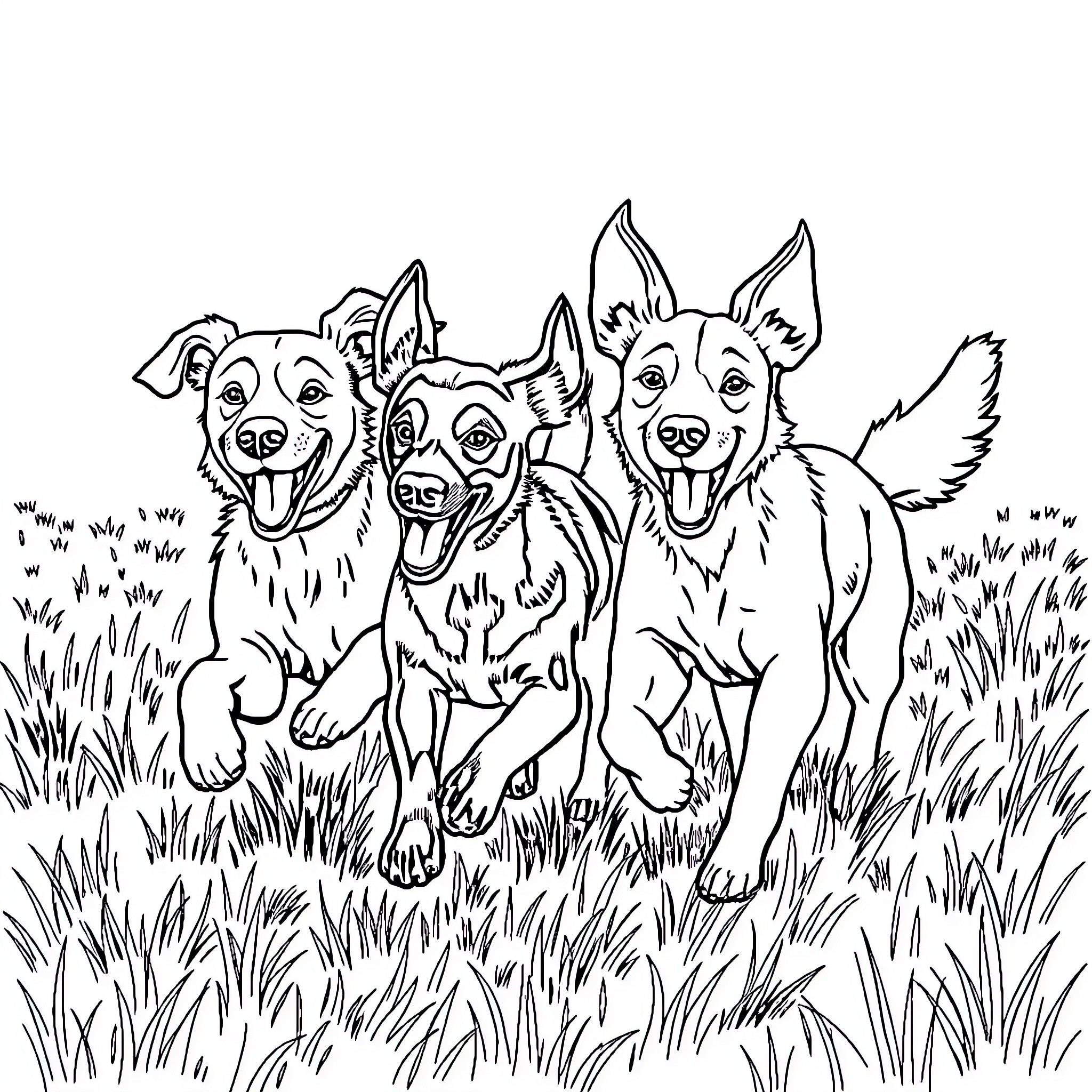 Dog trio happily running in grassy field Coloring Page (free black-and-white line drawing printable PDF for all, from beginners to advanced learners, including children, teens, adults, and seniors)