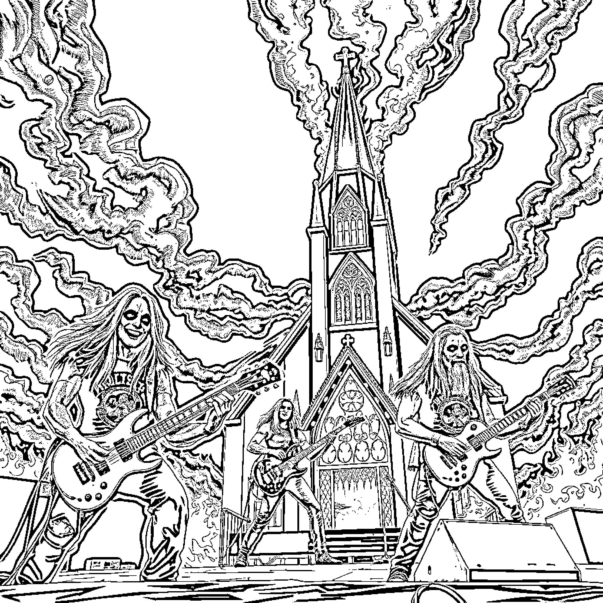 Band performing in front of gothic cathedral Coloring Page (free black-and-white line drawing printable PDF for all, from beginners to advanced learners, including children, teens, adults, and seniors)