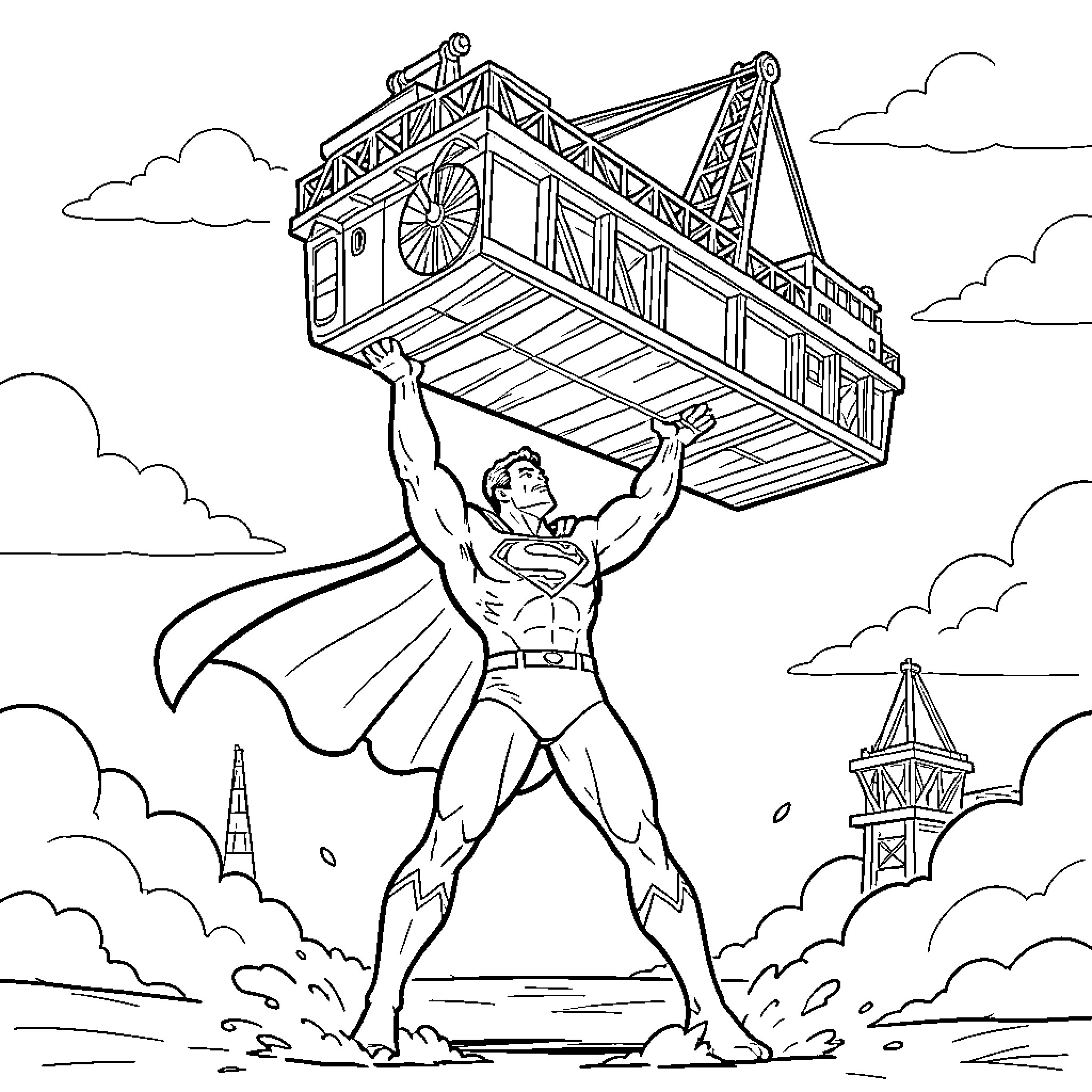 Superman lifting a heavy crane above his head Coloring Page (free black-and-white line drawing printable PDF for all, from beginners to advanced learners, including children, teens, adults, and seniors)
