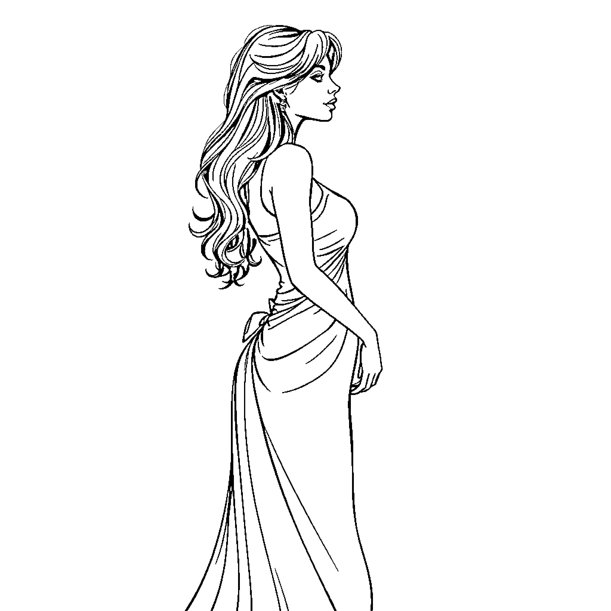 Woman in flowing dress with long hair Coloring Page (free black-and-white line drawing printable PDF for all, from beginners to advanced learners, including children, teens, adults, and seniors)