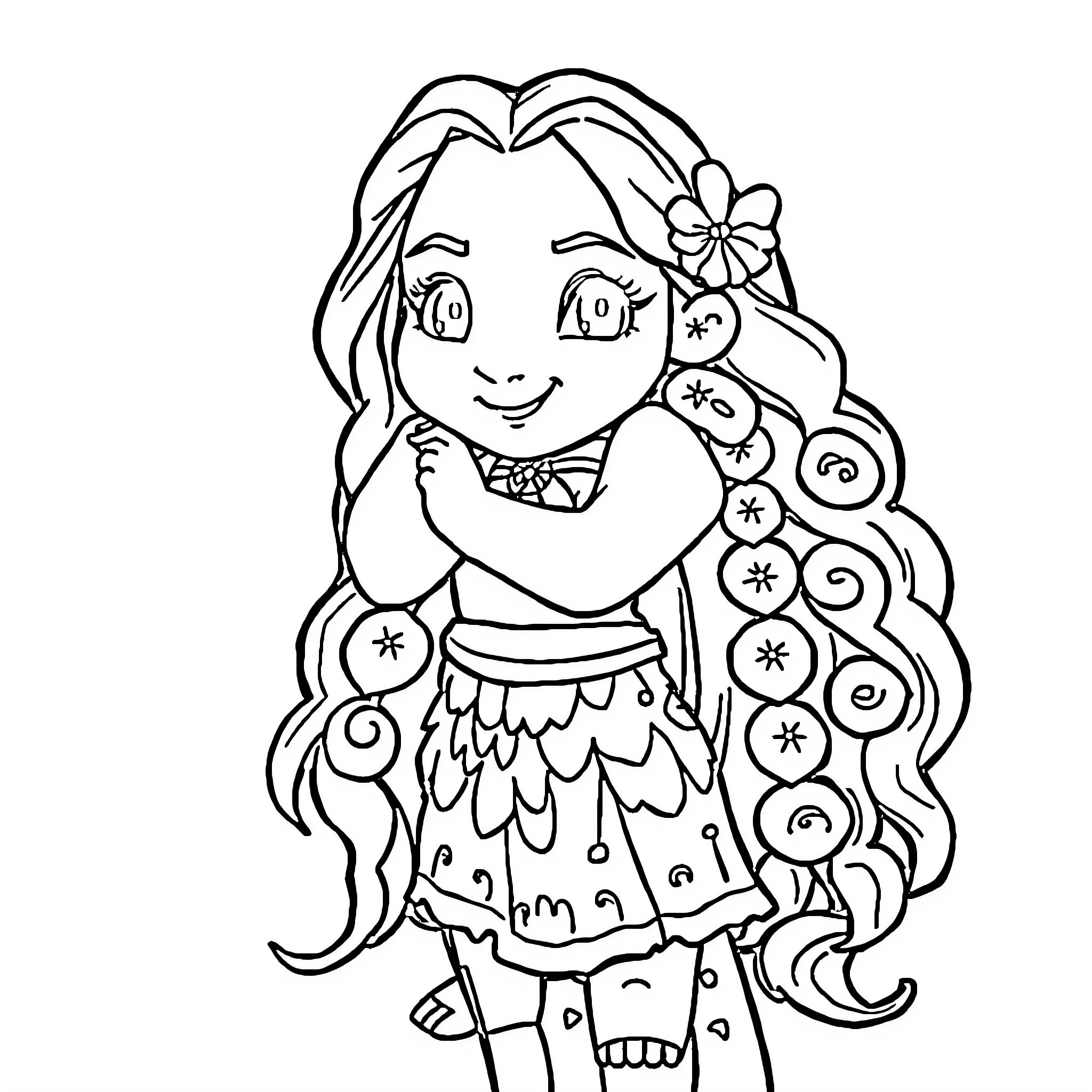 Moana in a whimsical, playful outfit Coloring Page (free black-and-white line drawing printable PDF for all, from beginners to advanced learners, including children, teens, adults, and seniors)