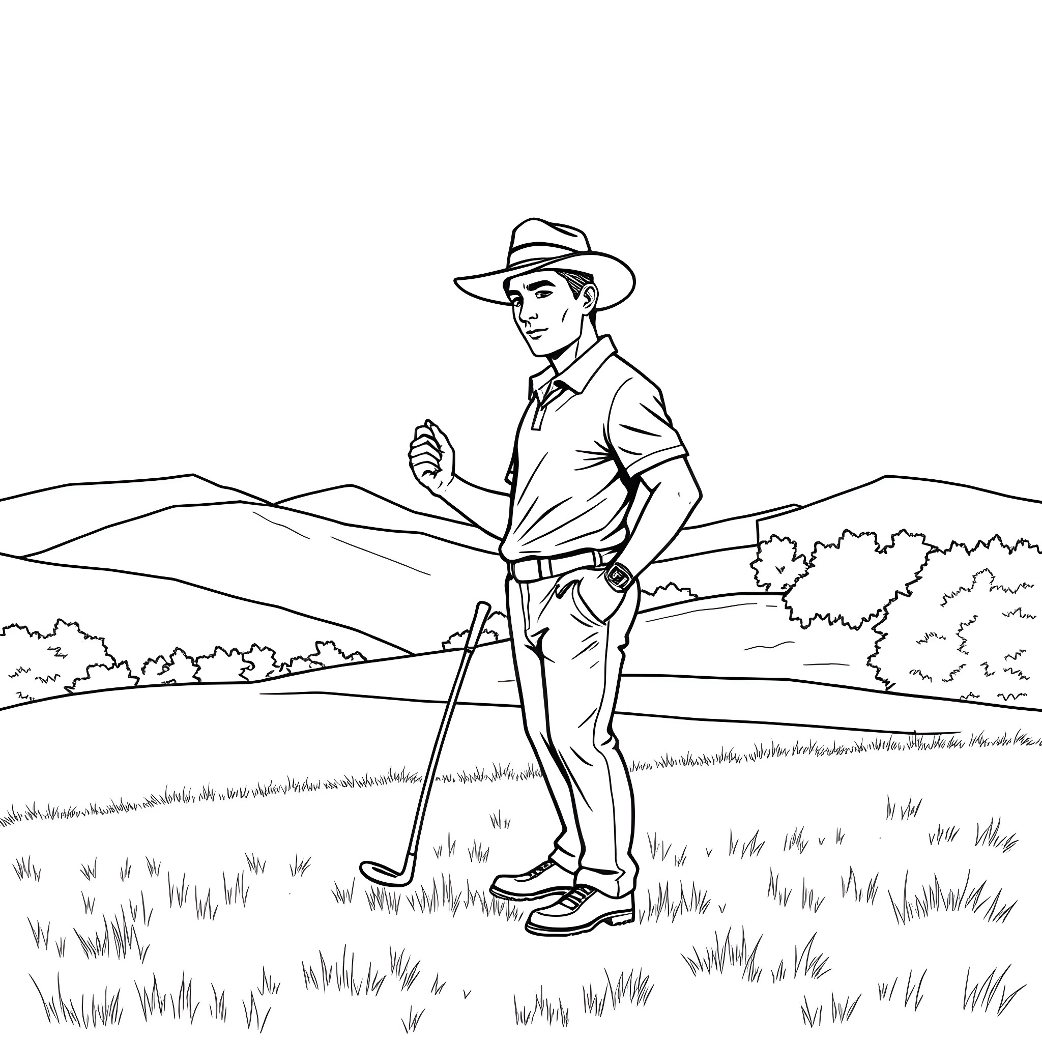 Male golfer walking across grassy field Coloring Page (free black-and-white line drawing printable PDF for all, from beginners to advanced learners, including children, teens, adults, and seniors)