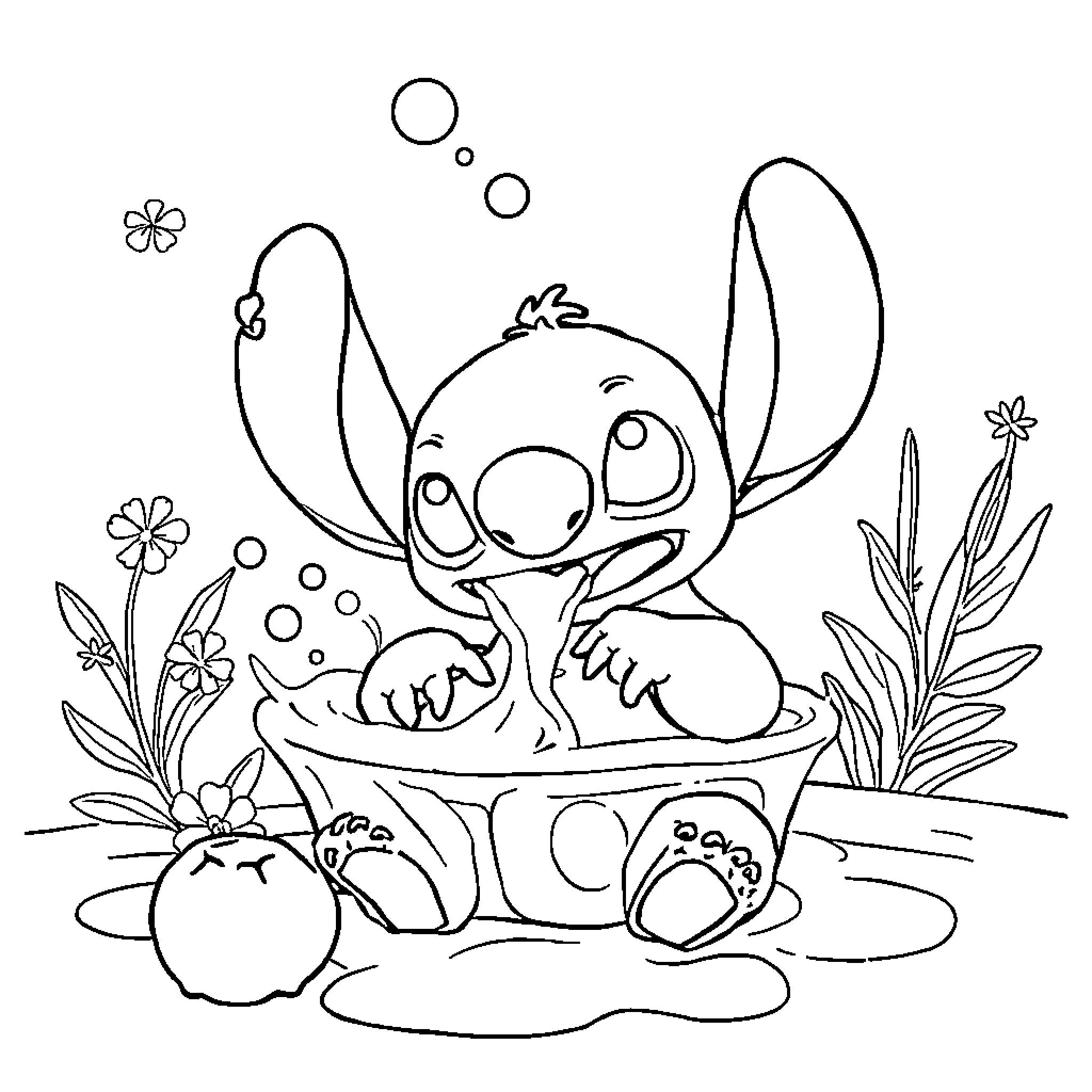 Stitch enjoying playful scene with flowers Coloring Page (free black-and-white line drawing printable PDF for all, from beginners to advanced learners, including children, teens, adults, and seniors)