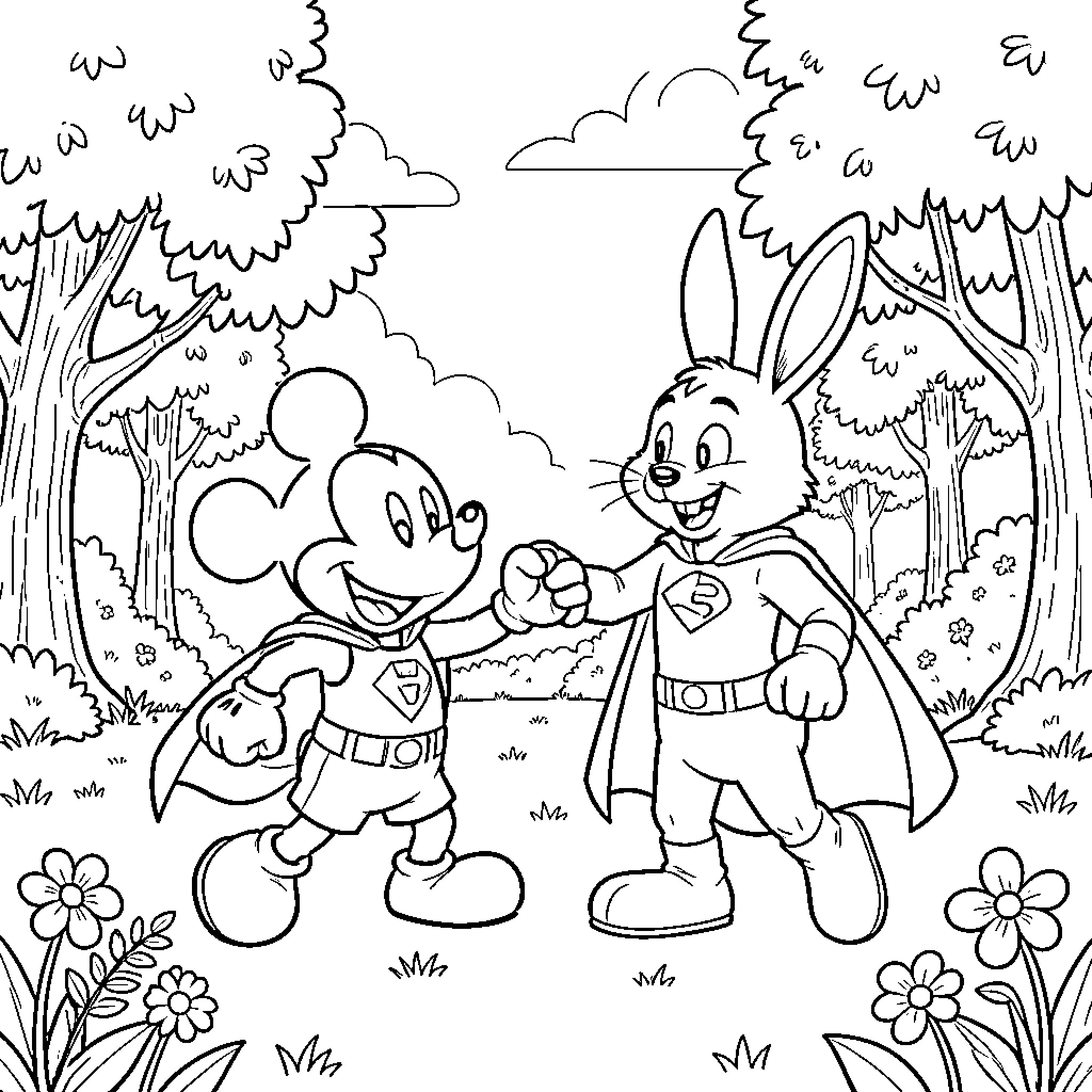 Mickey and a rabbit friend fist bumping in superhero outfits Coloring Page (free black-and-white line drawing printable PDF for all, from beginners to advanced learners, including children, teens, adults, and seniors)