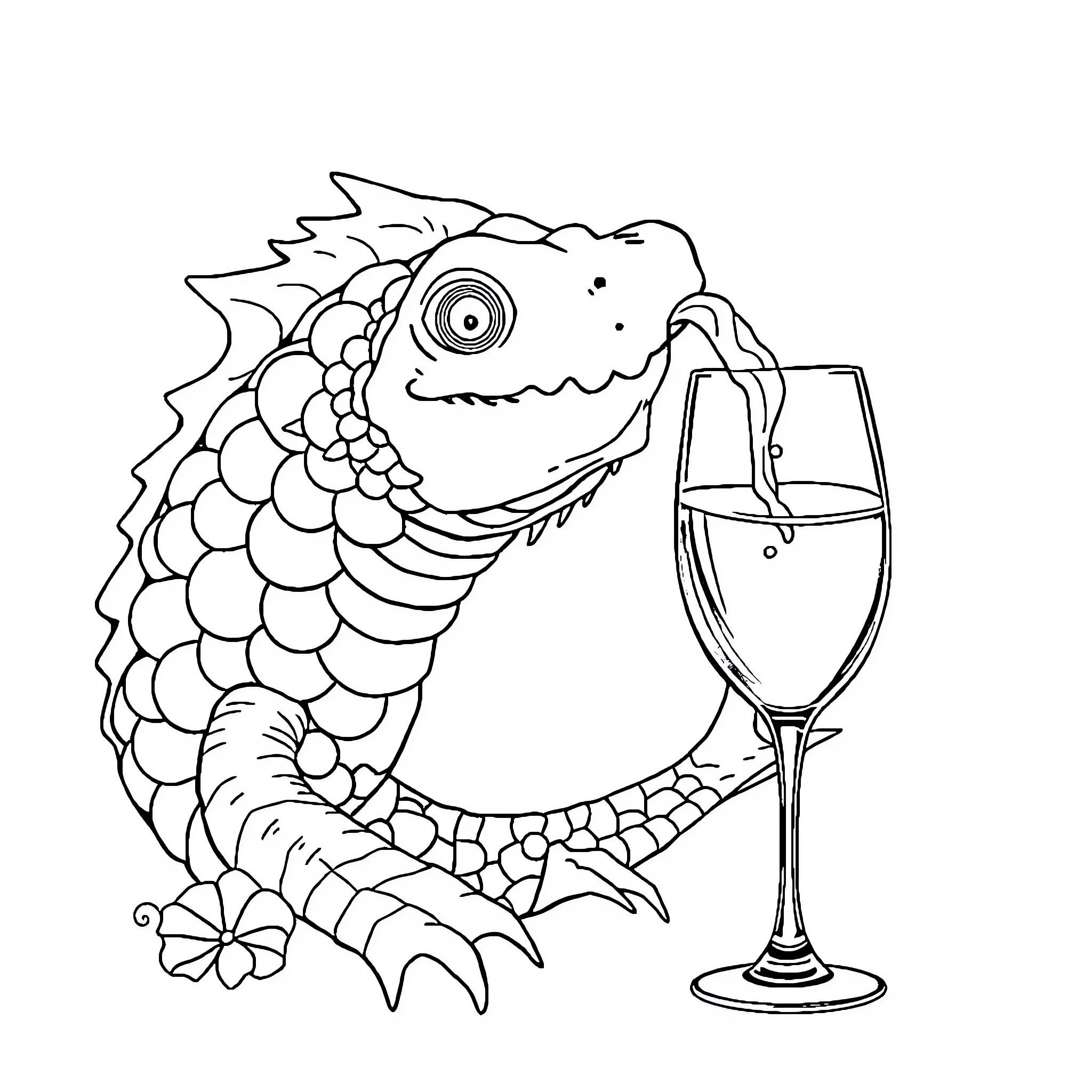 Sea Creature enjoying a glass of wine Coloring Page (free black-and-white line drawing printable PDF for all, from beginners to advanced learners, including children, teens, adults, and seniors)