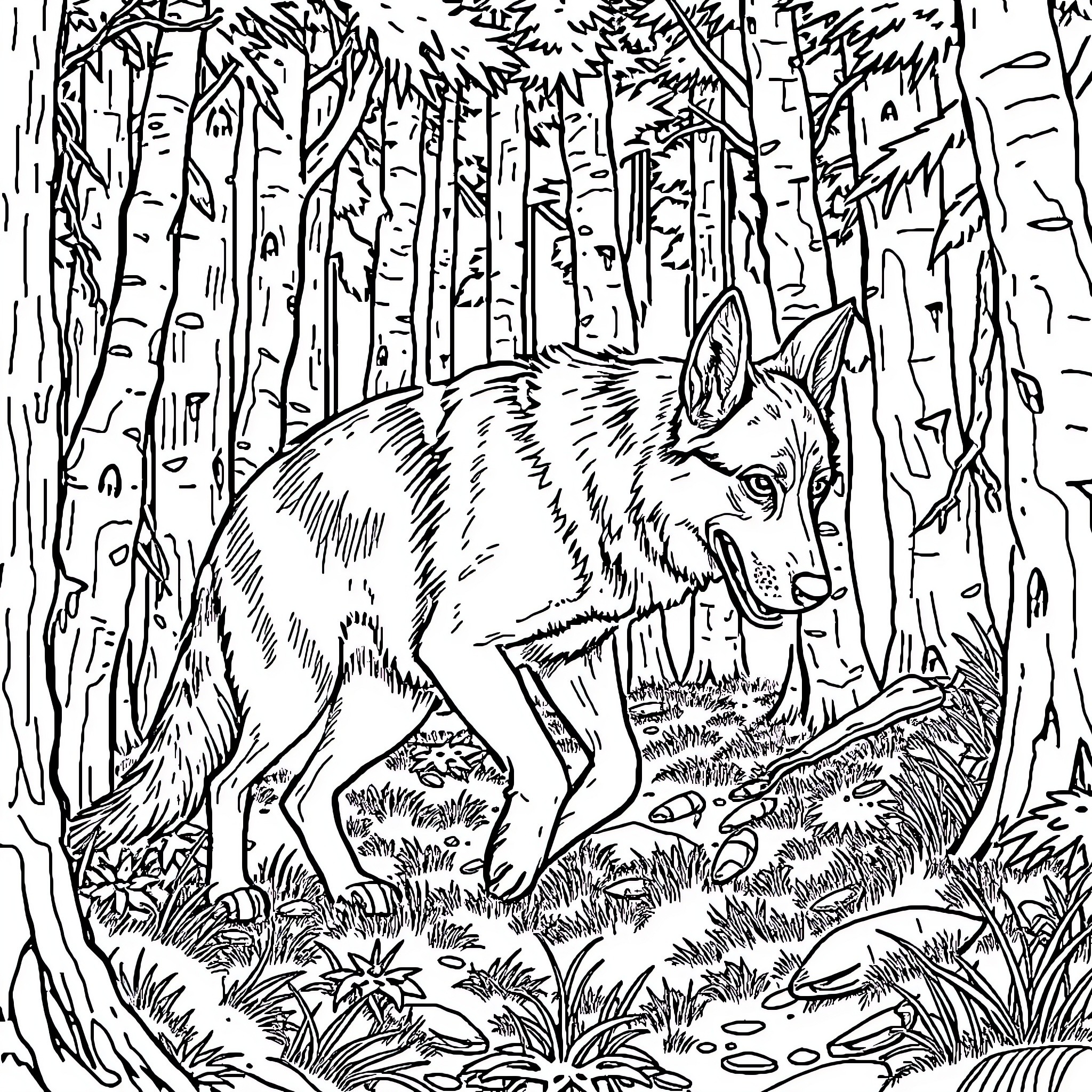 German Shepherd exploring the forest Coloring Page (free black-and-white line drawing printable PDF for all, from beginners to advanced learners, including children, teens, adults, and seniors)