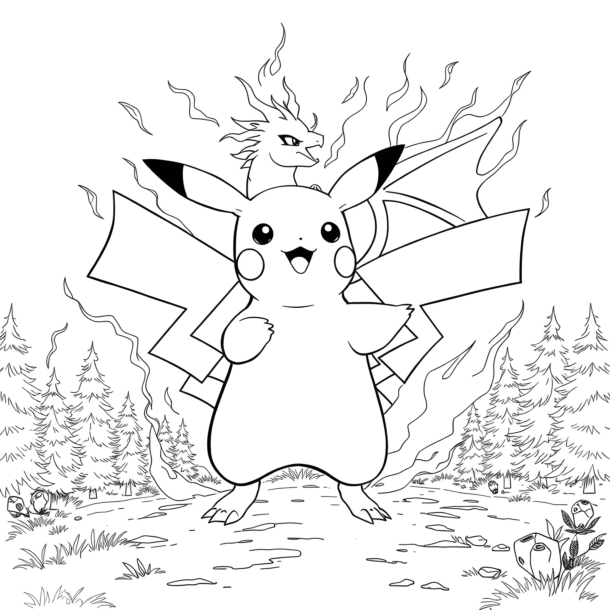 Pikachu unleashing electric attack in nature Coloring Page (free black-and-white line drawing printable PDF for all, from beginners to advanced learners, including children, teens, adults, and seniors)