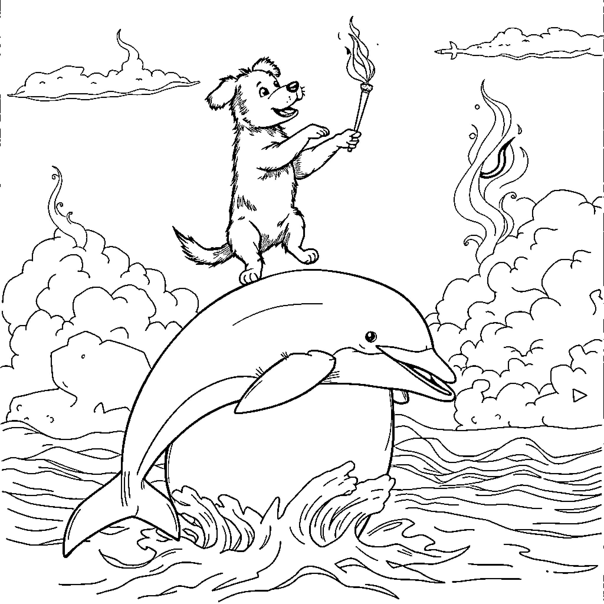 Dog Playing with Dolphin in Stormy Sea Coloring Page (free black-and-white line drawing printable PDF for all, from beginners to advanced learners, including children, teens, adults, and seniors)