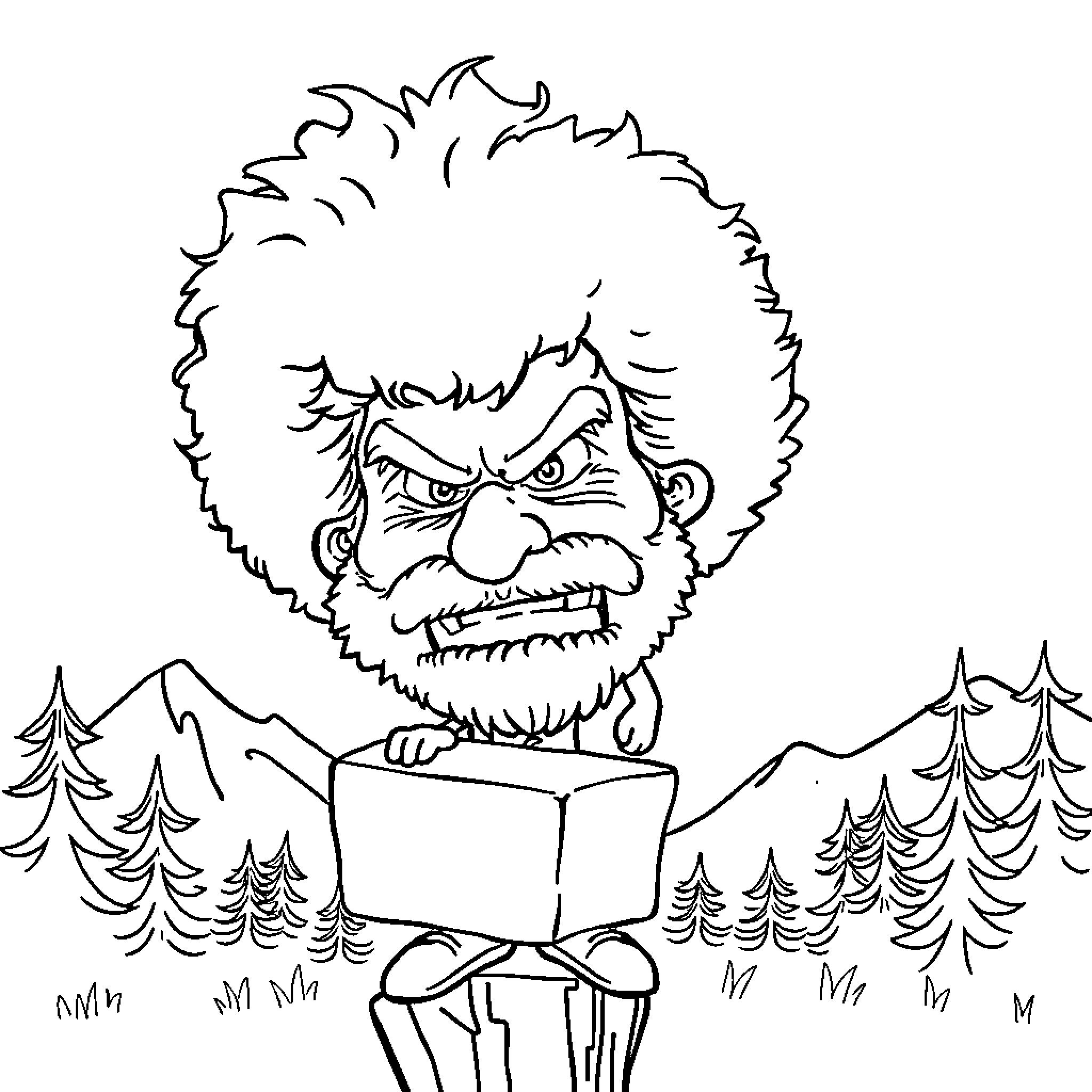 Bob Ross painting a grumpy mountain landscape Coloring Page (free black-and-white line drawing printable PDF for all, from beginners to advanced learners, including children, teens, adults, and seniors)