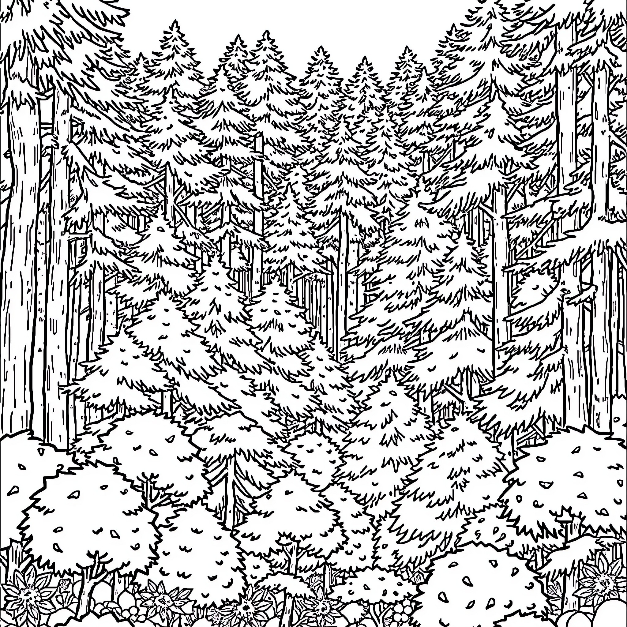 Forest trail through dense evergreen trees Coloring Page (free black-and-white line drawing printable PDF for all, from beginners to advanced learners, including children, teens, adults, and seniors)