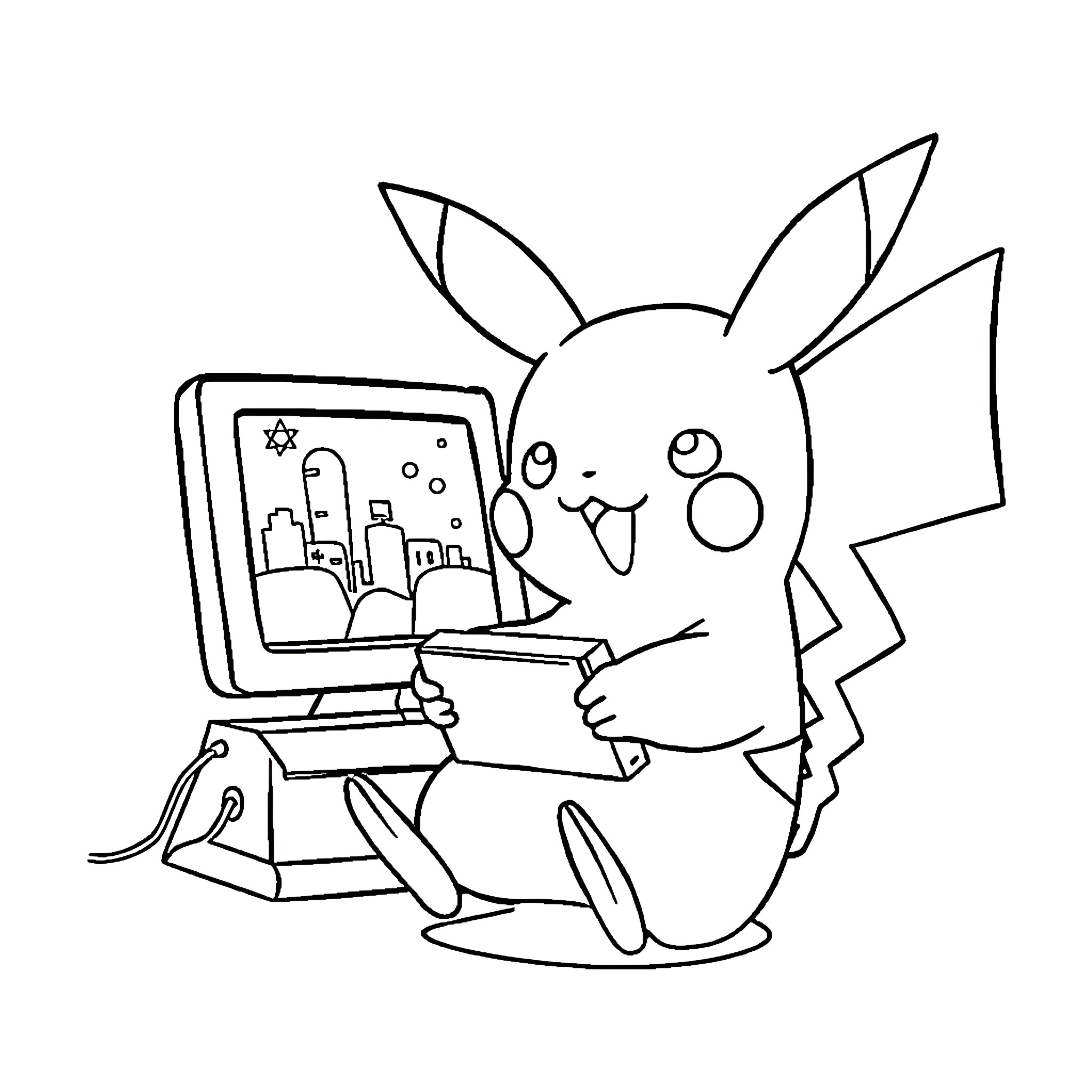 Pikachu using a computer and looking surprised Coloring Page (free black-and-white line drawing printable PDF for all, from beginners to advanced learners, including children, teens, adults, and seniors)