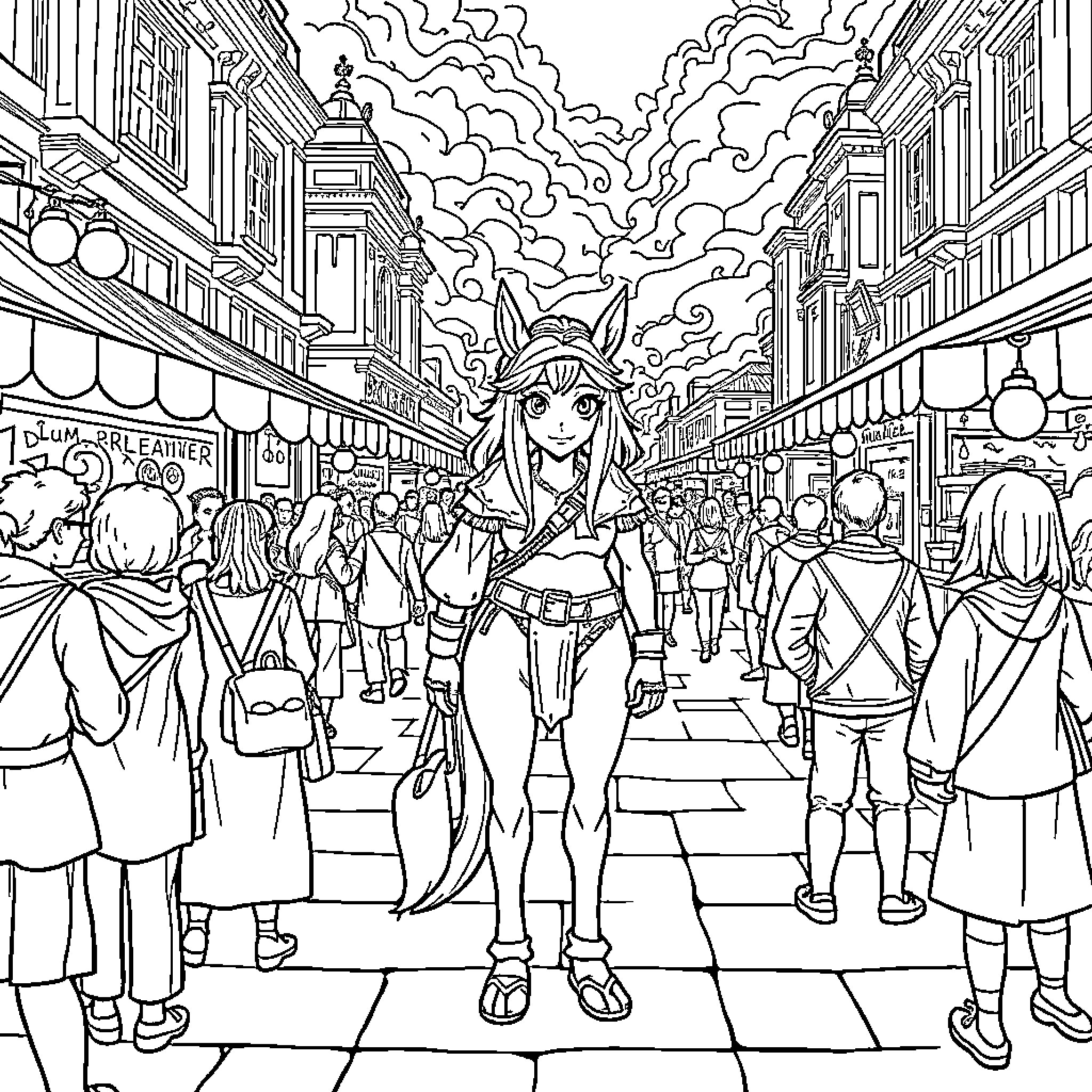 Huntrix Exploring the Bustling City Streets Coloring Page (free black-and-white line drawing printable PDF for all, from beginners to advanced learners, including children, teens, adults, and seniors)