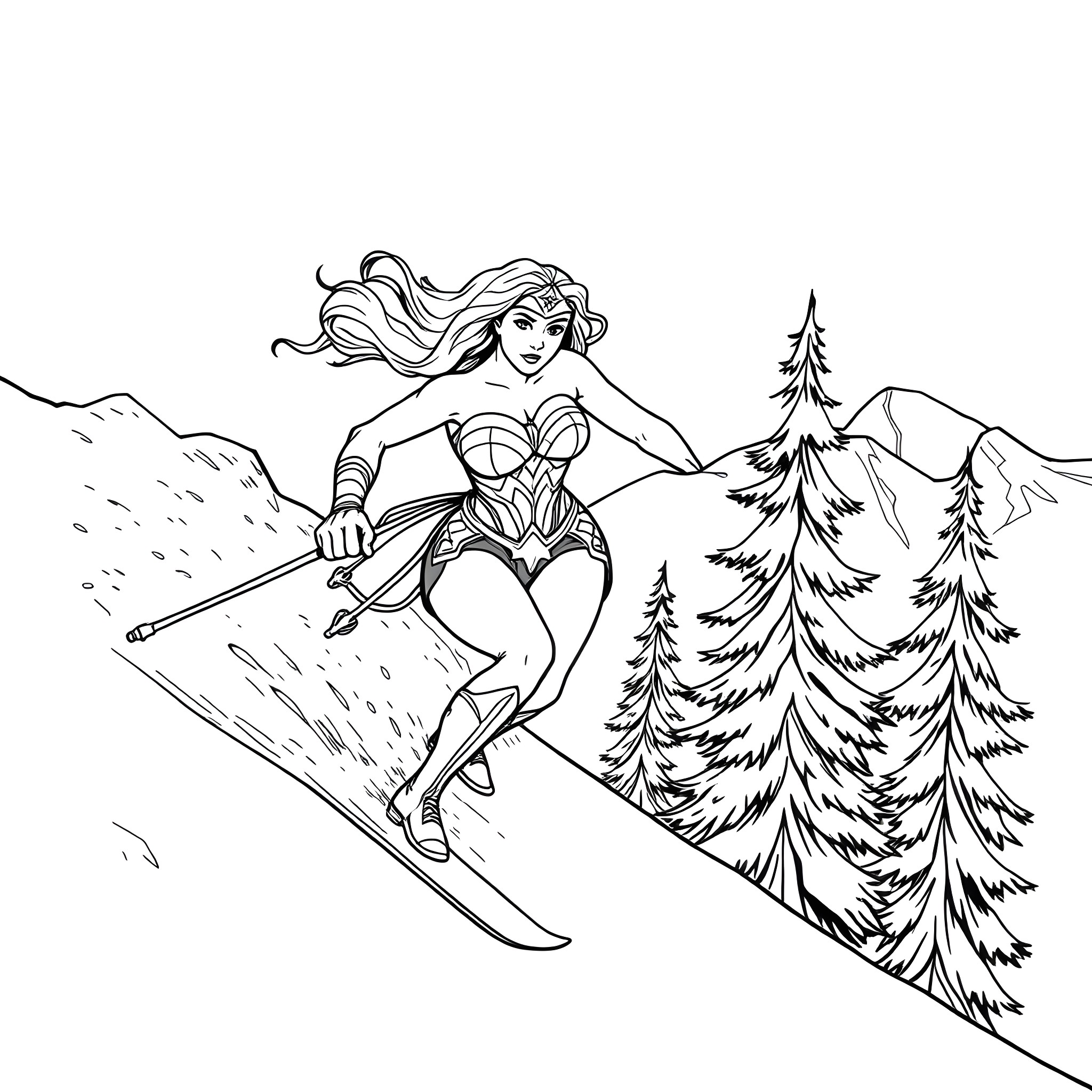 Wonder Woman skiing down a snowy mountain Coloring Page (free black-and-white line drawing printable PDF for all, from beginners to advanced learners, including children, teens, adults, and seniors)