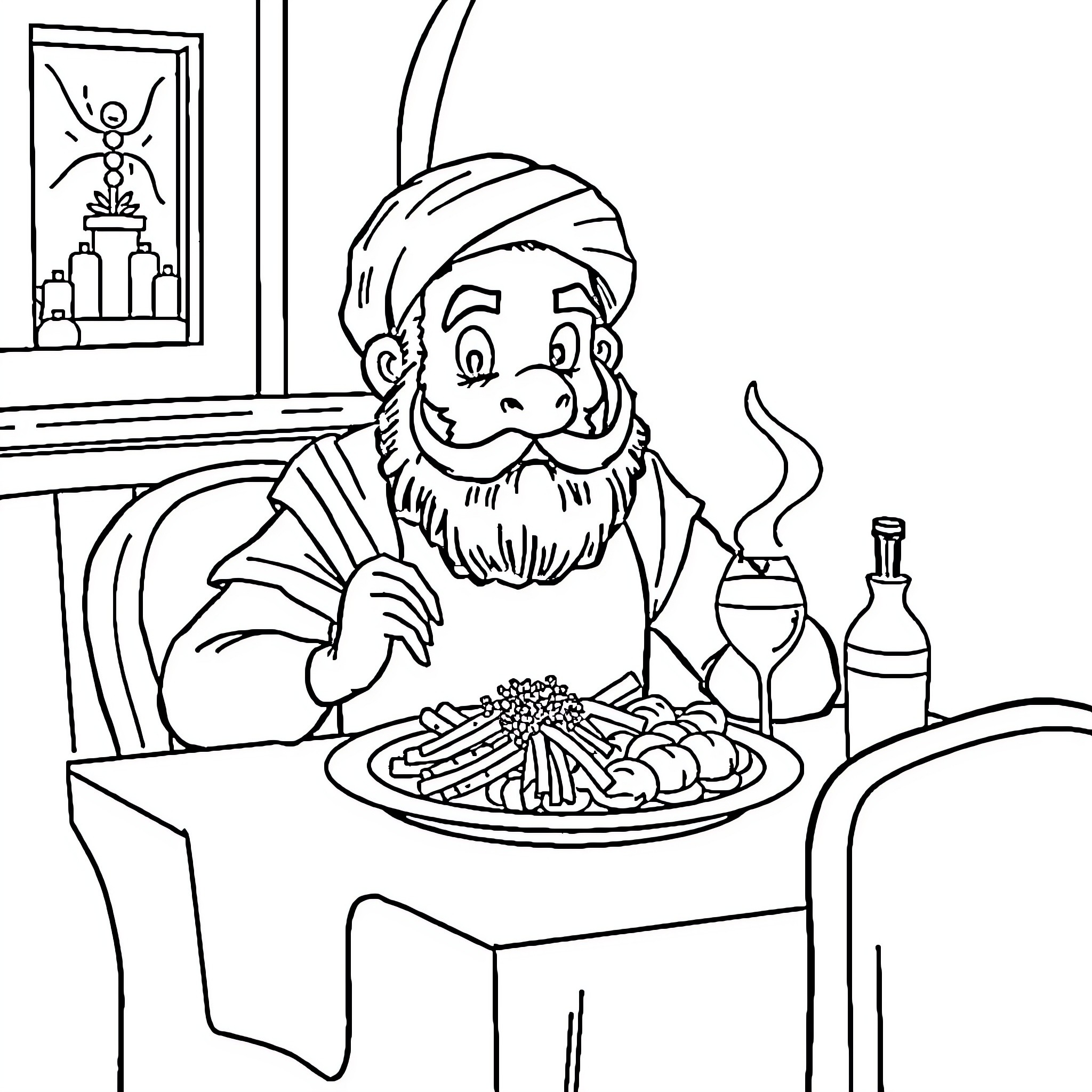 Athos enjoys a hearty meal in his home Coloring Page (free black-and-white line drawing printable PDF for all, from beginners to advanced learners, including children, teens, adults, and seniors)