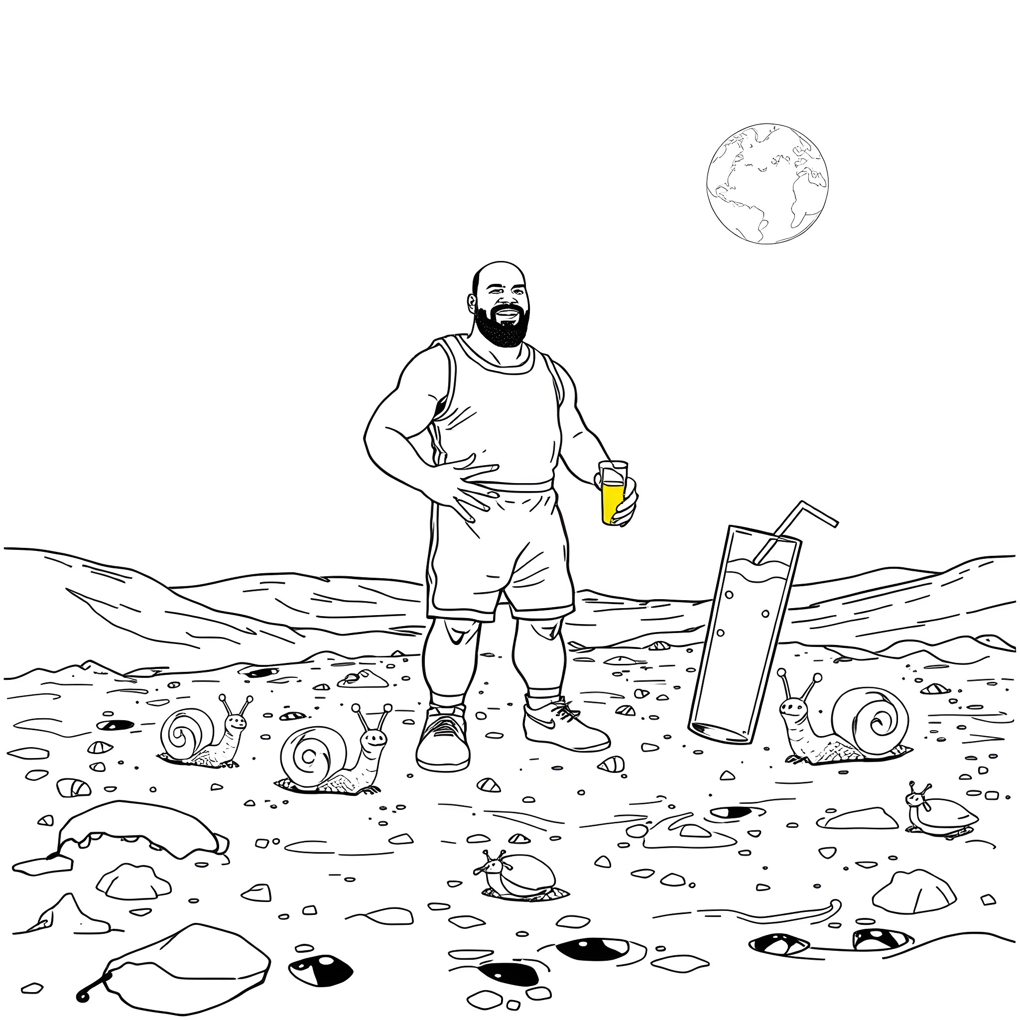 Shaquille O'Neil exploring a rocky, alien-like landscape Coloring Page (free black-and-white line drawing printable PDF for all, from beginners to advanced learners, including children, teens, adults, and seniors)