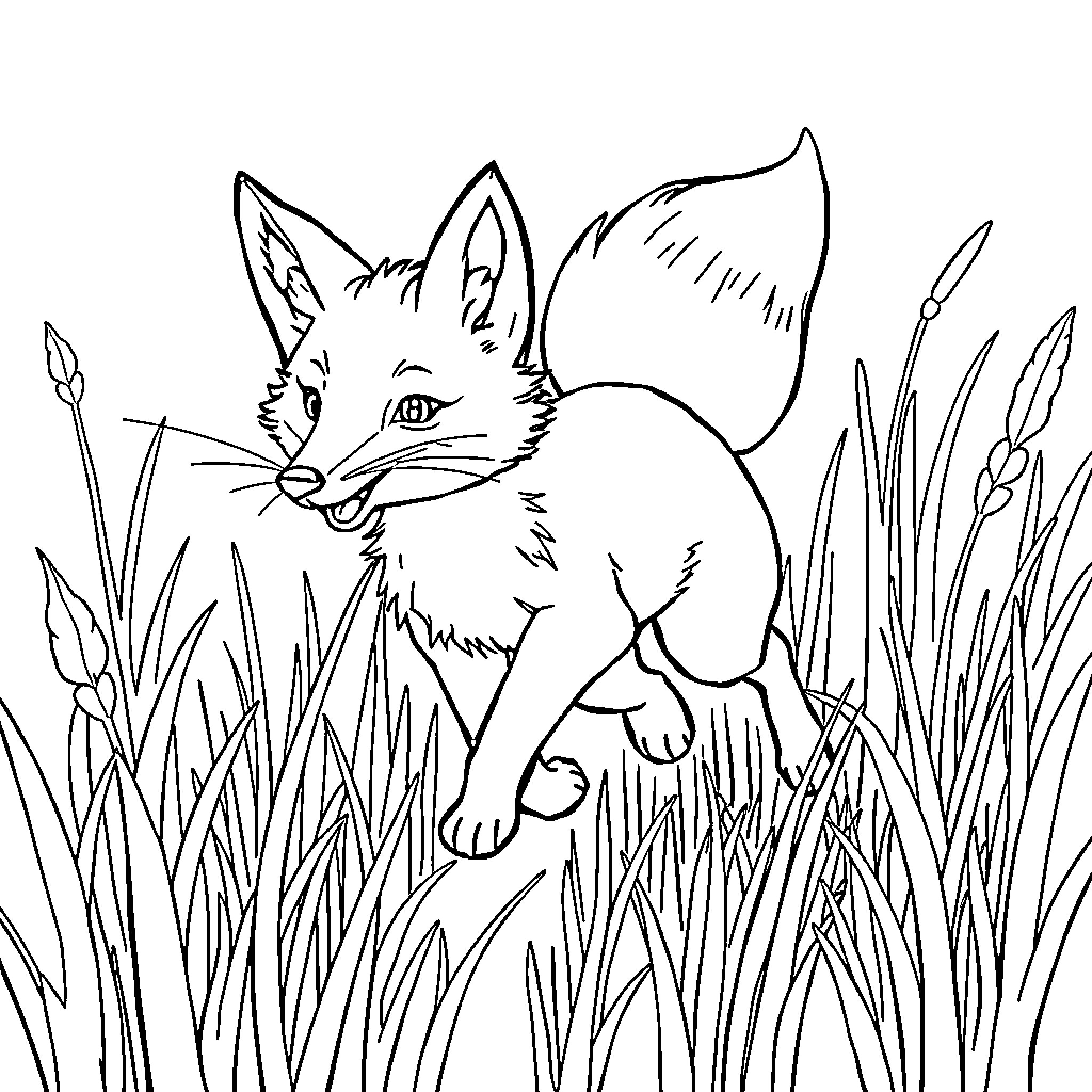 Fox exploring the tall grass Coloring Page (free black-and-white line drawing printable PDF for all, from beginners to advanced learners, including children, teens, adults, and seniors)