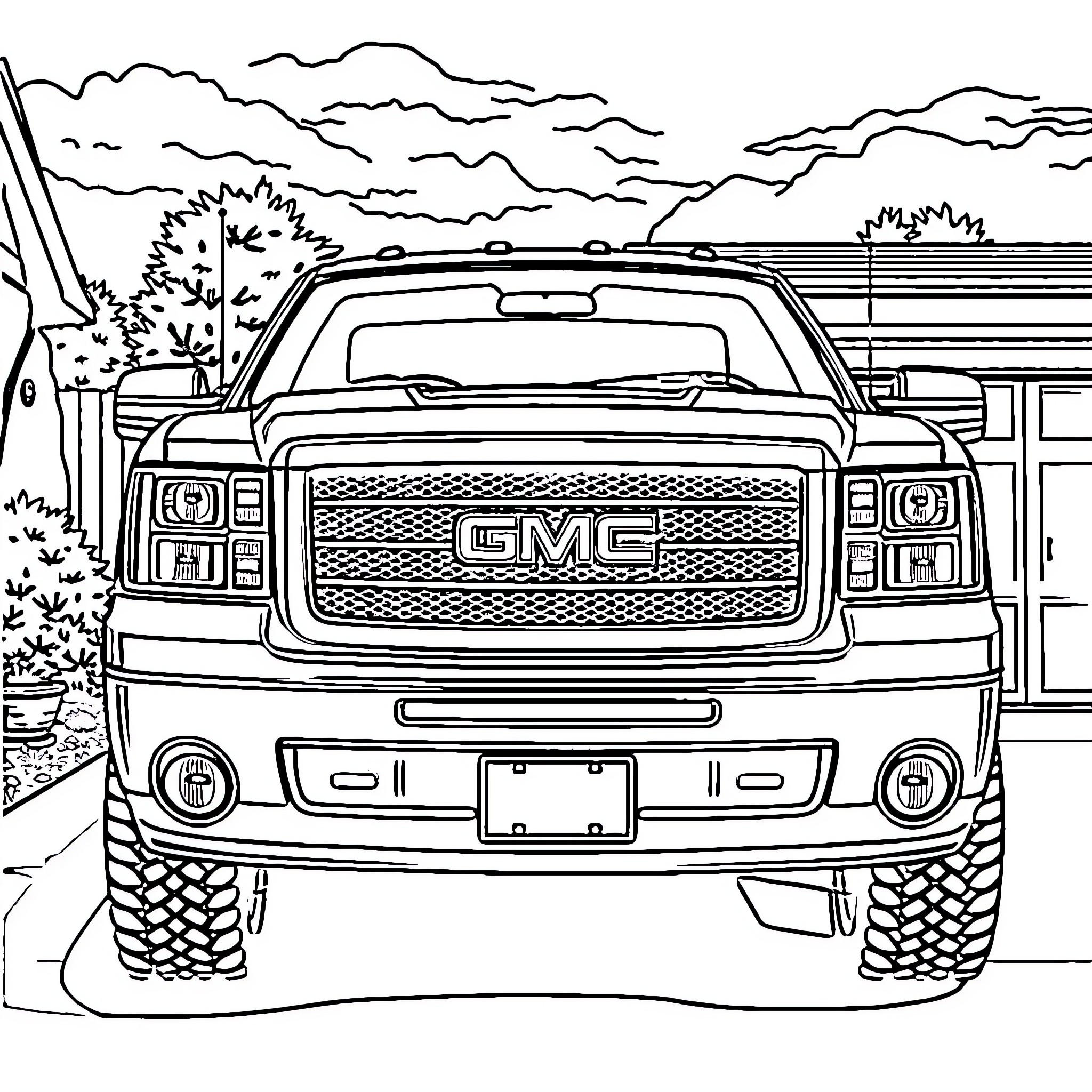 Gm Sierra pickup truck on rugged terrain Coloring Page (free black-and-white line drawing printable PDF for all, from beginners to advanced learners, including children, teens, adults, and seniors)