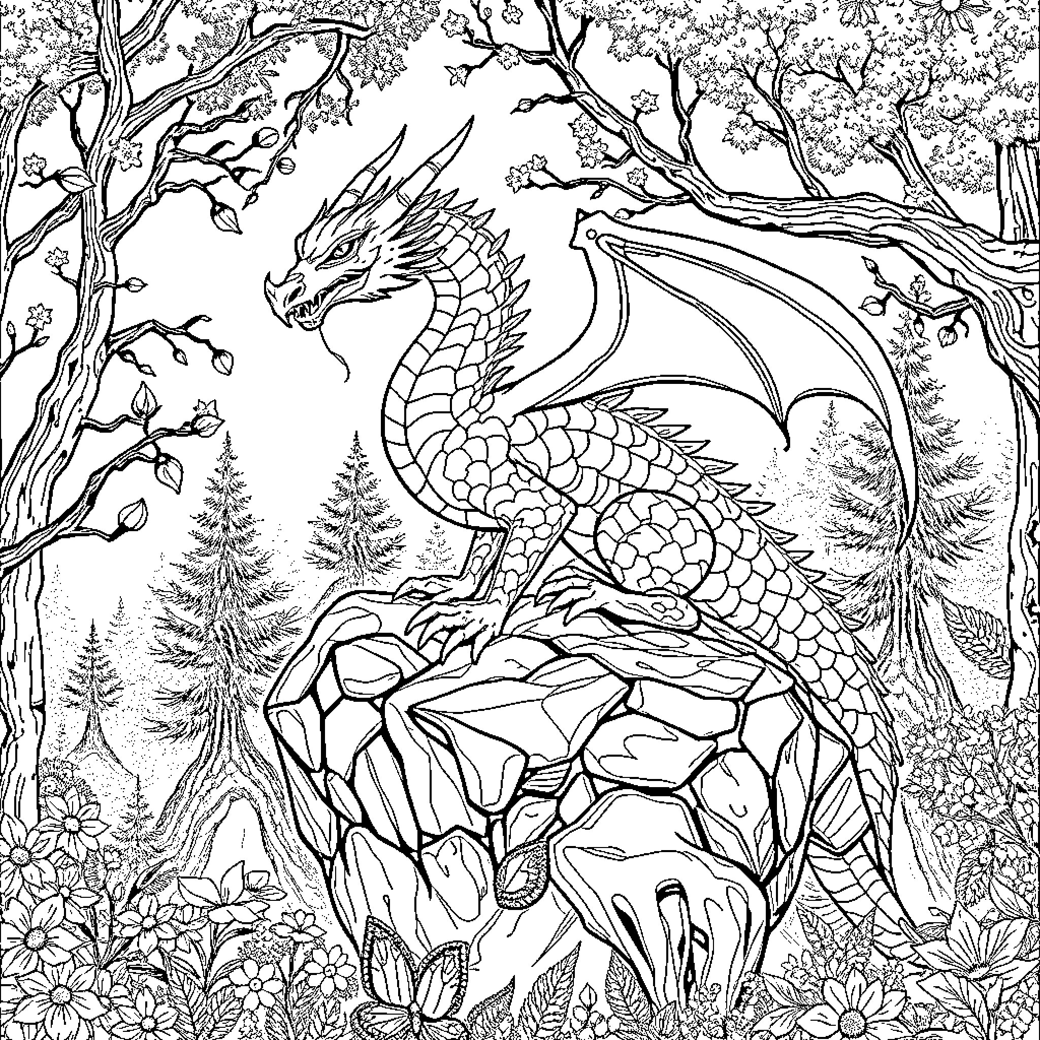 Dragon resting majestically in a enchanted forest Coloring Page (free black-and-white line drawing printable PDF for all, from beginners to advanced learners, including children, teens, adults, and seniors)
