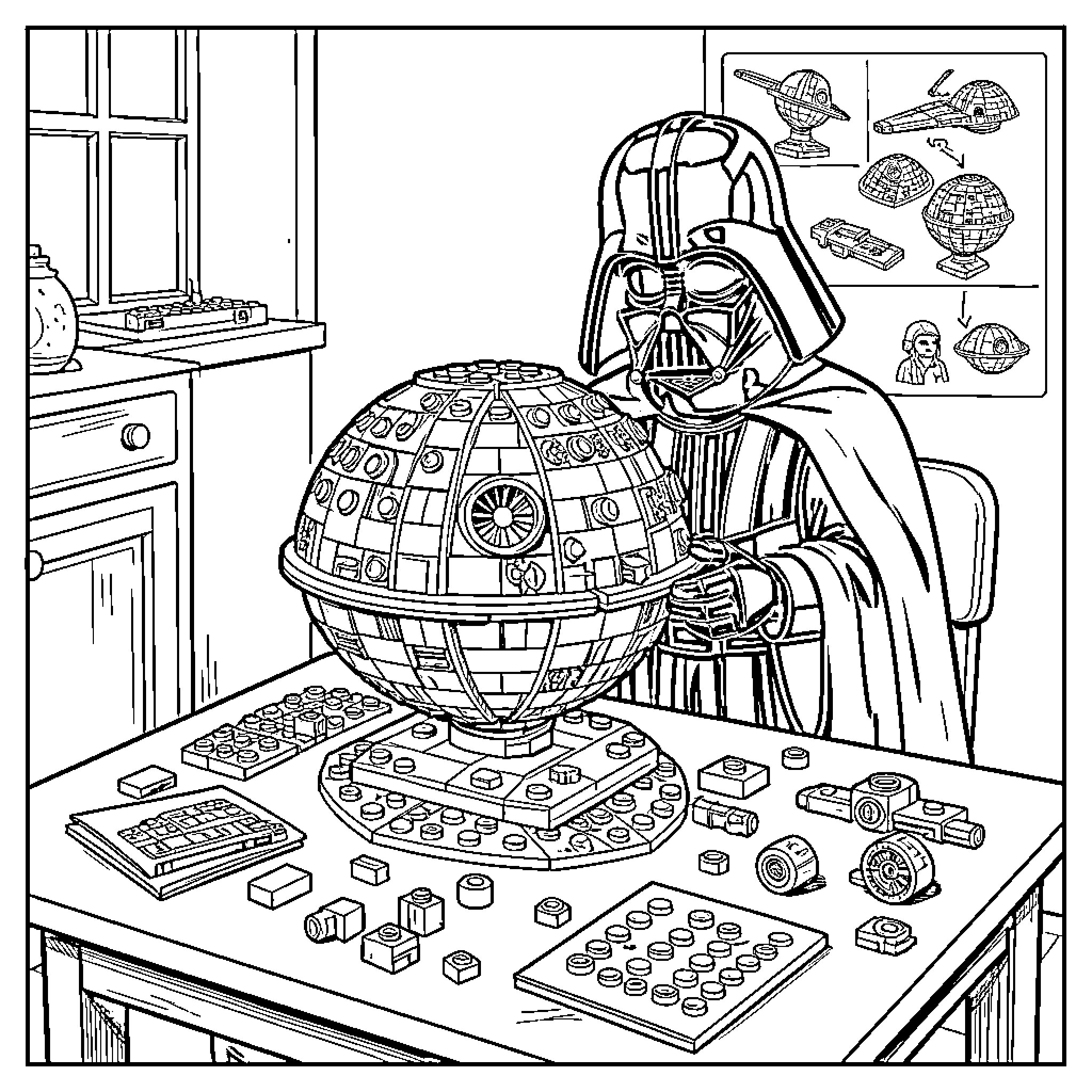 Darth Vader building a Death Star model on a table Coloring Page (free black-and-white line drawing printable PDF for all, from beginners to advanced learners, including children, teens, adults, and seniors)