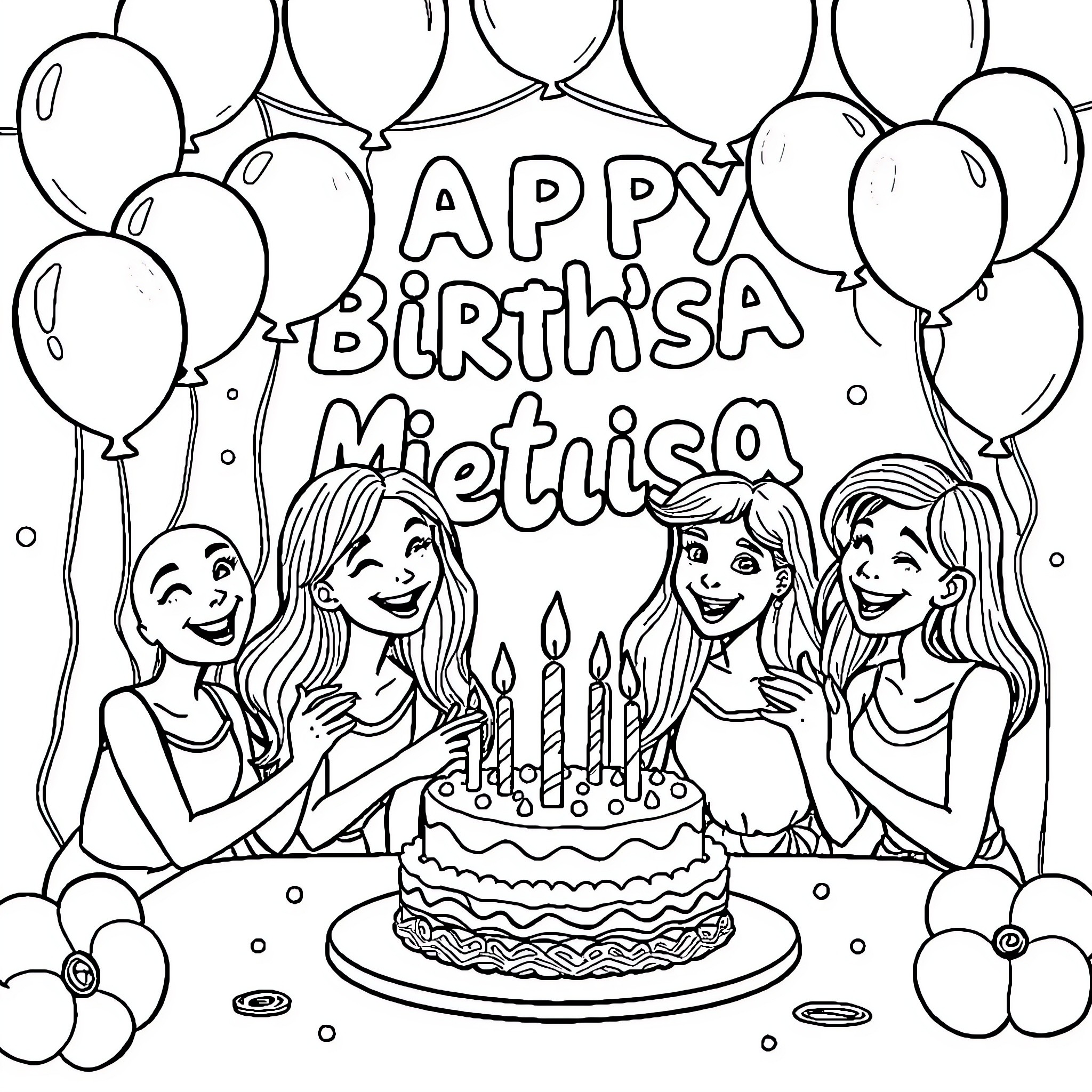 Birthday party with friends and cake Coloring Page (free black-and-white line drawing printable PDF for all, from beginners to advanced learners, including children, teens, adults, and seniors)