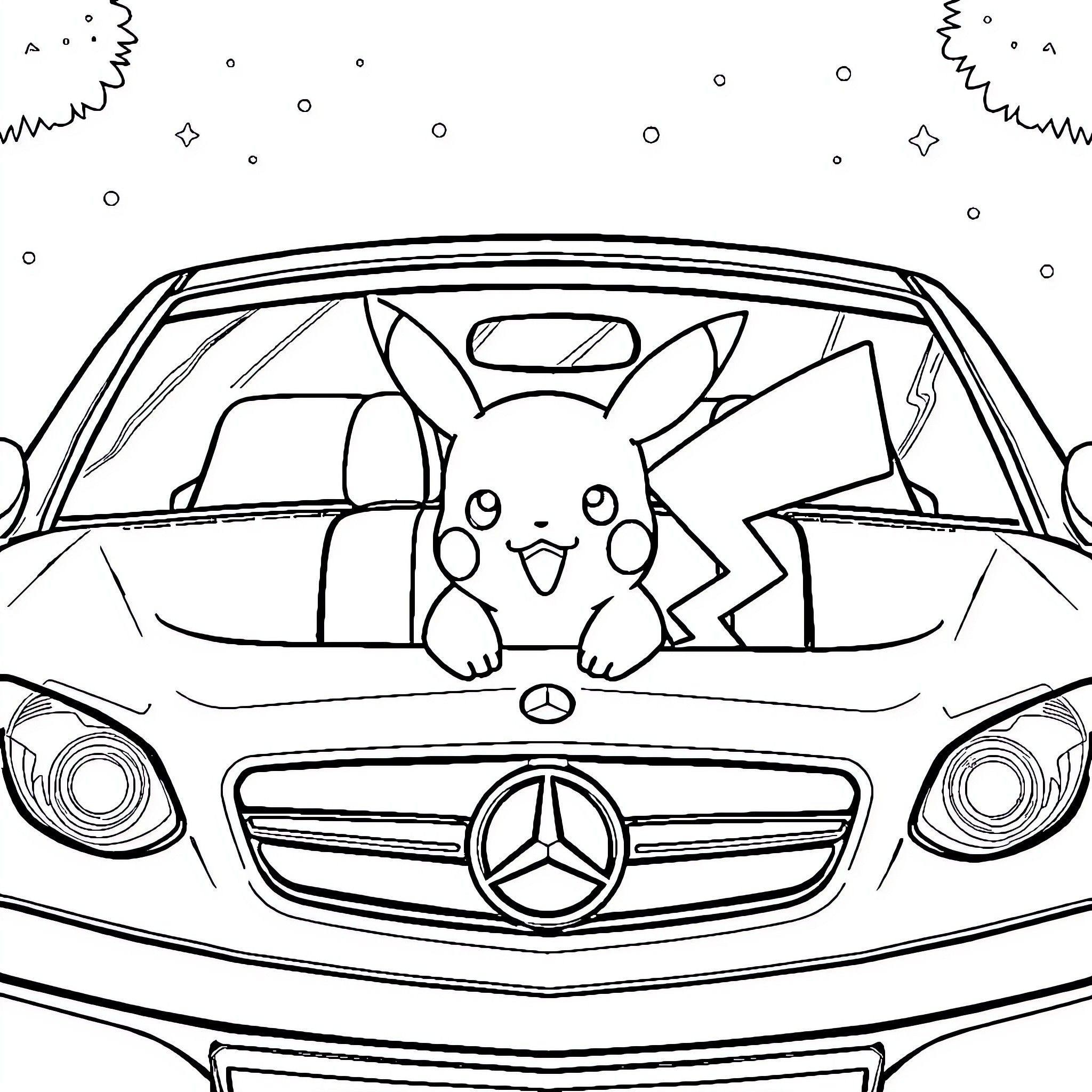 Pikachu riding happily in a Mercedes-Benz car Coloring Page (free black-and-white line drawing printable PDF for all, from beginners to advanced learners, including children, teens, adults, and seniors)