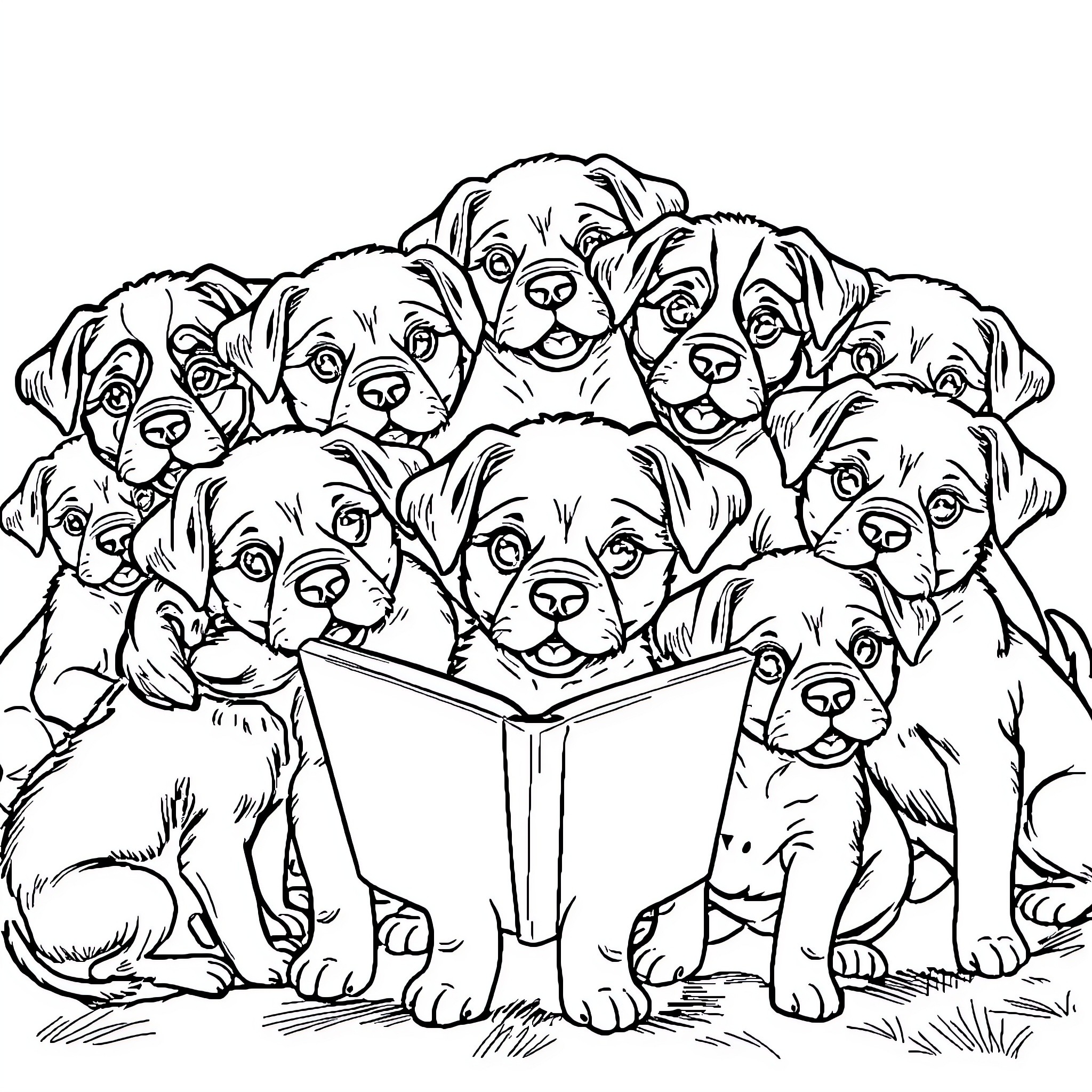 Puppy reading time with adorable puppies Coloring Page (free black-and-white line drawing printable PDF for all, from beginners to advanced learners, including children, teens, adults, and seniors)