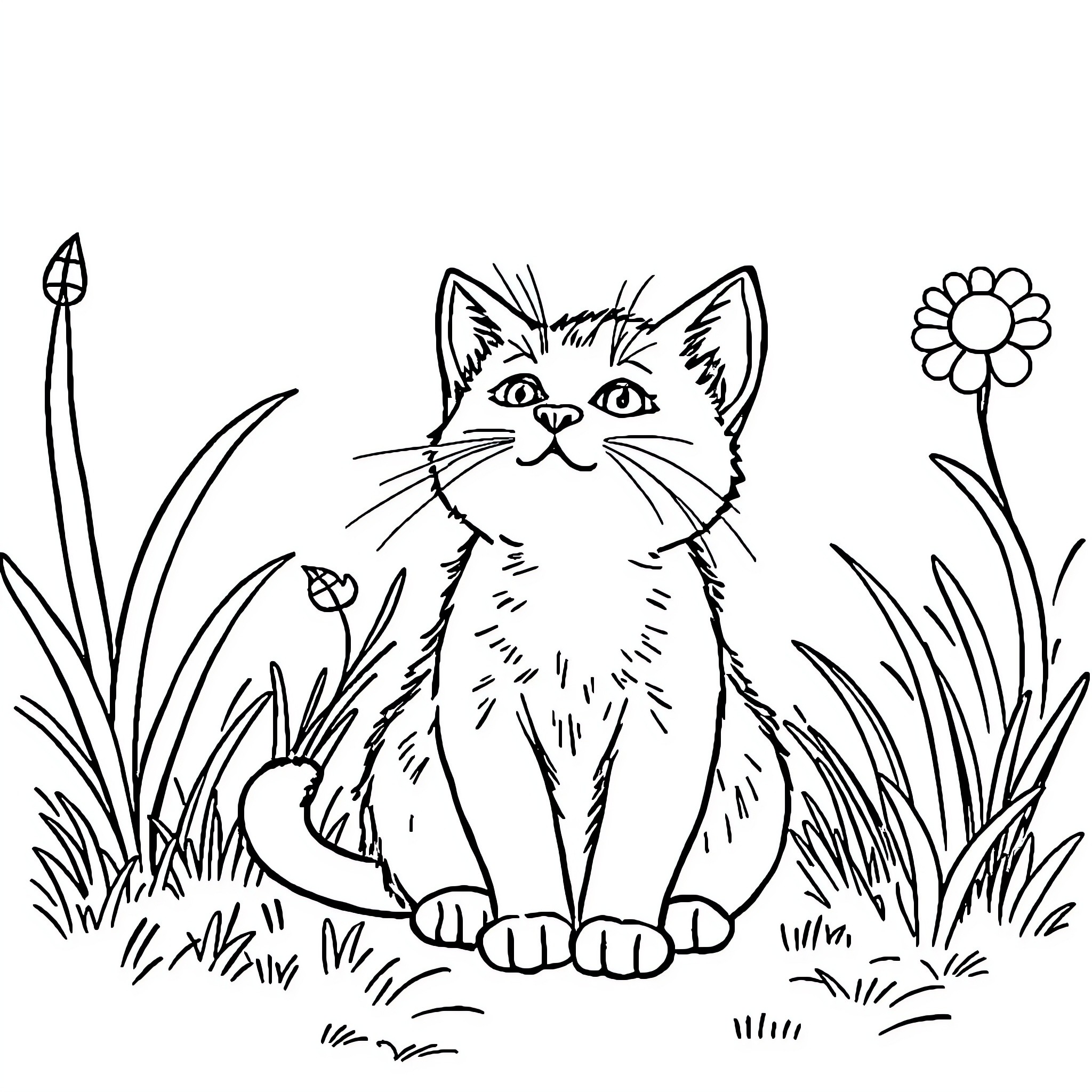 Cat sitting amidst floral scenery Coloring Page (free black-and-white line drawing printable PDF for all, from beginners to advanced learners, including children, teens, adults, and seniors)
