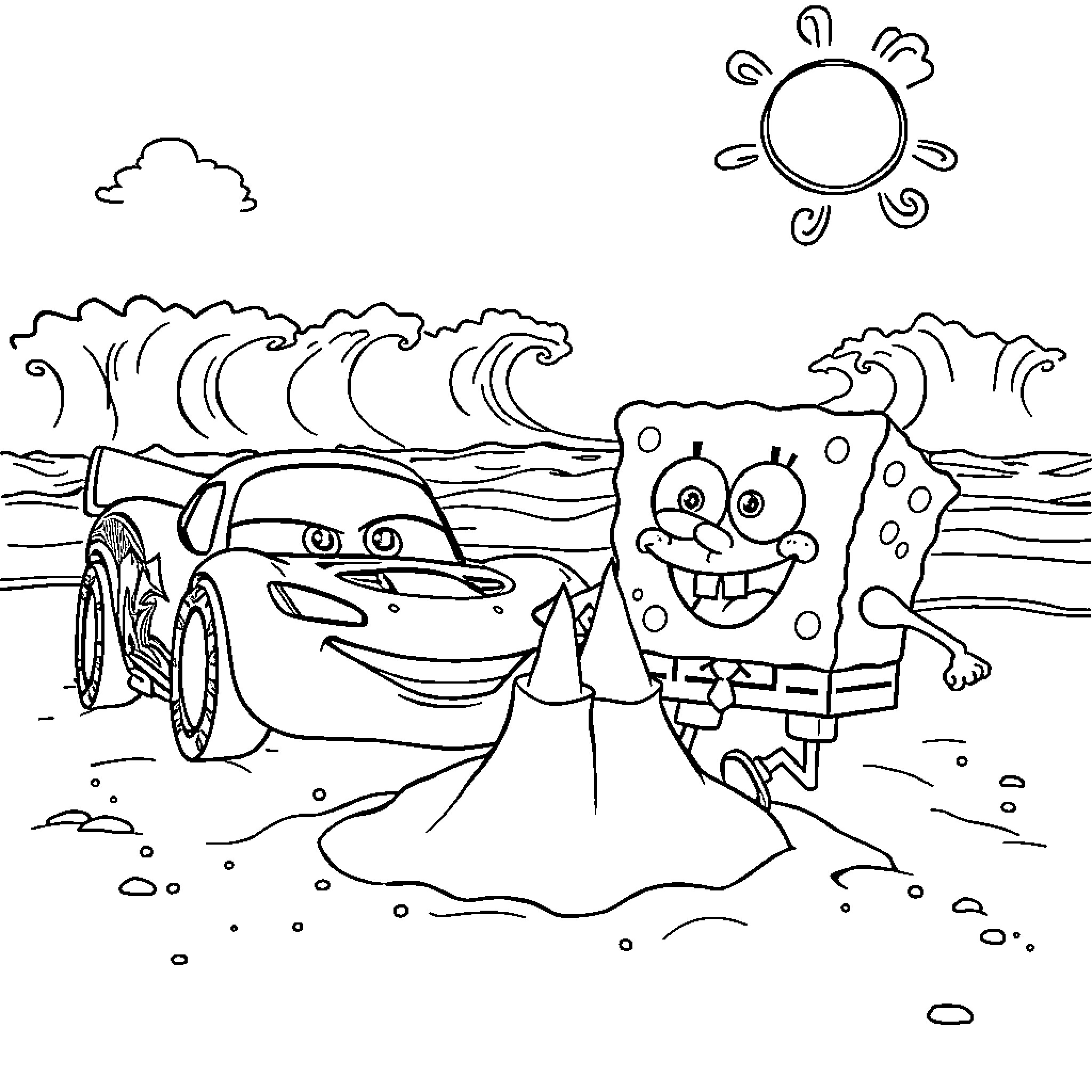 Lightning McQueen and SpongeBob enjoy a day at the beach Coloring Page (free black-and-white line drawing printable PDF for all, from beginners to advanced learners, including children, teens, adults, and seniors)