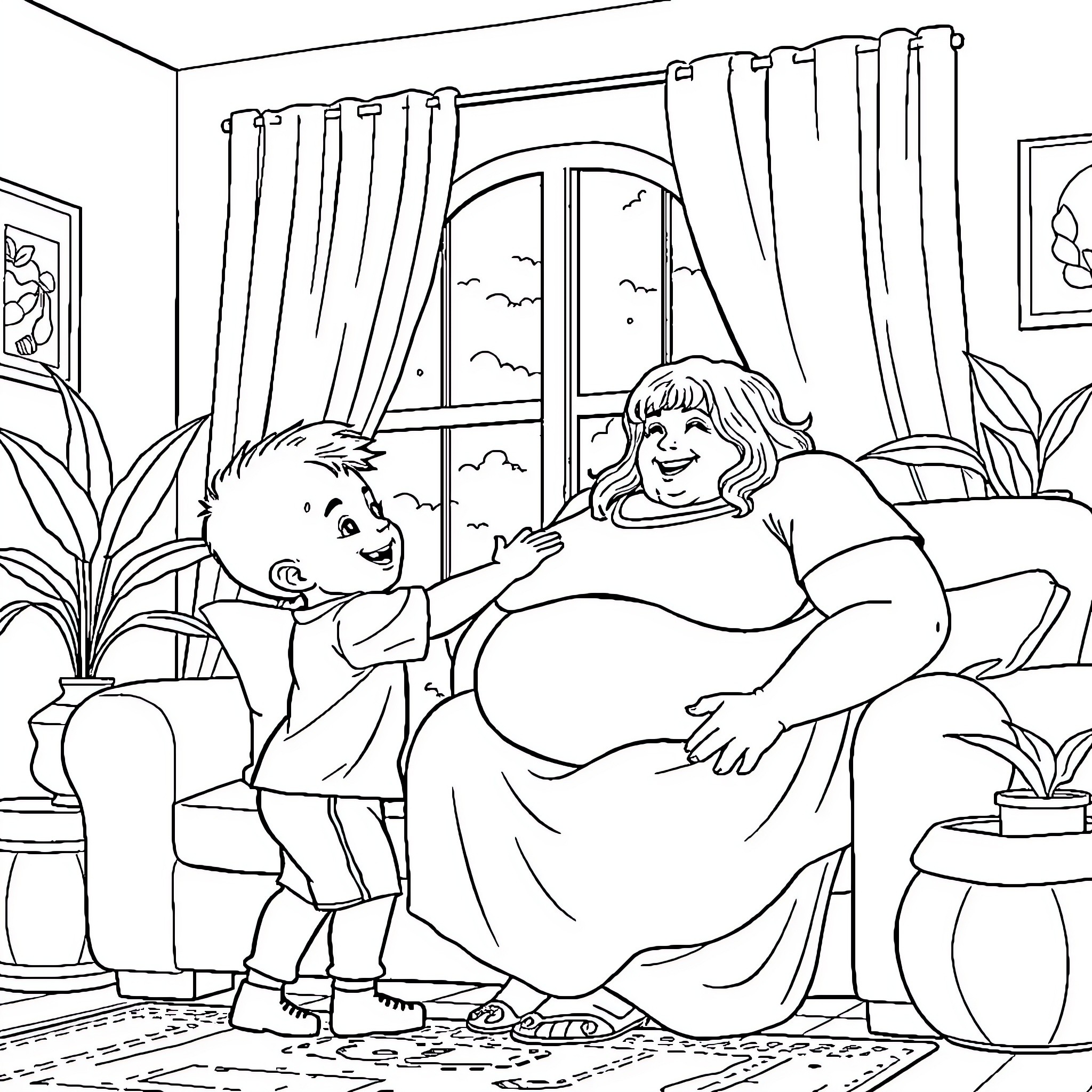 Boy comforting pregnant woman on sofa Coloring Page (free black-and-white line drawing printable PDF for all, from beginners to advanced learners, including children, teens, adults, and seniors)