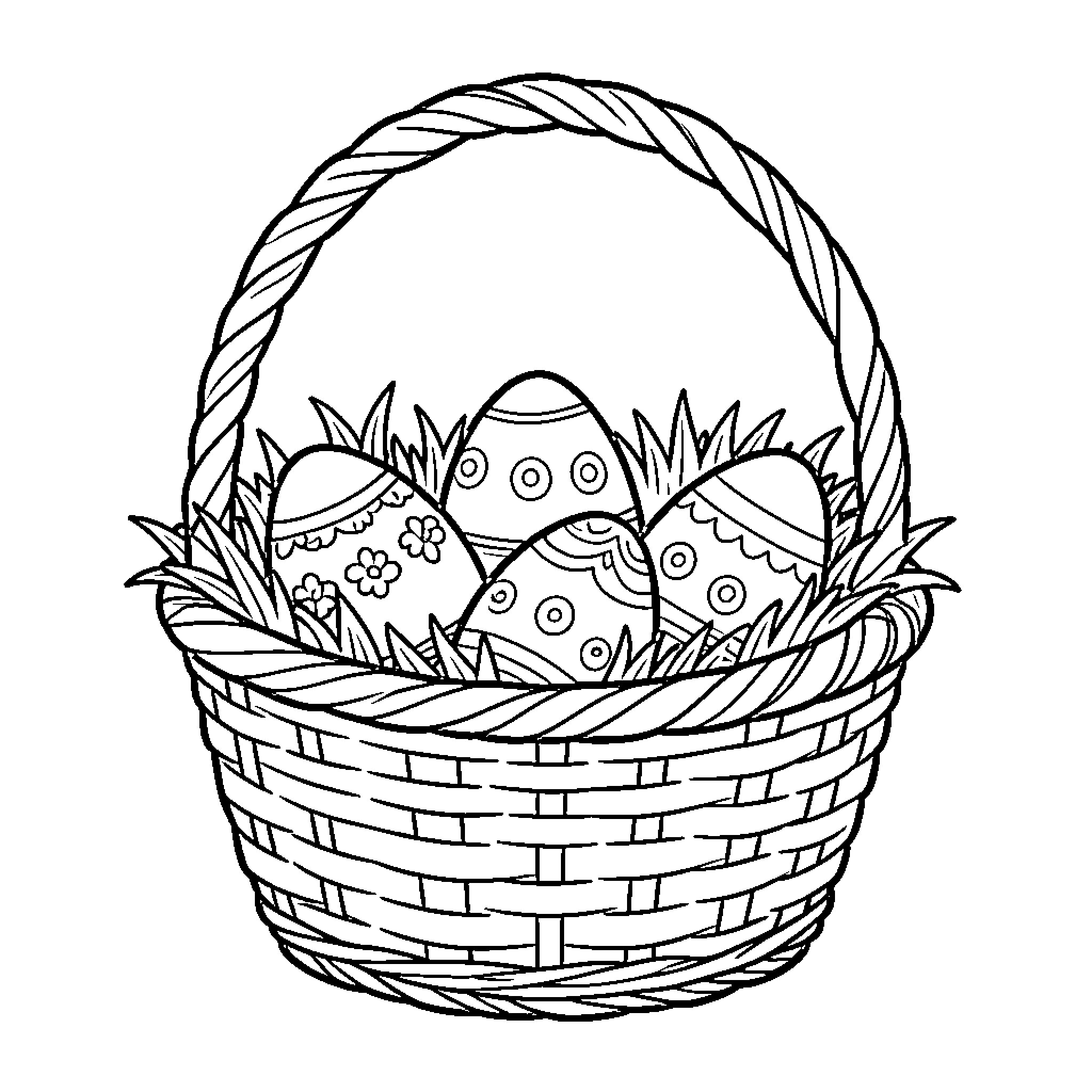 Easter Basket with Decorated Eggs Coloring Page (free black-and-white line drawing printable PDF for all, from beginners to advanced learners, including children, teens, adults, and seniors)