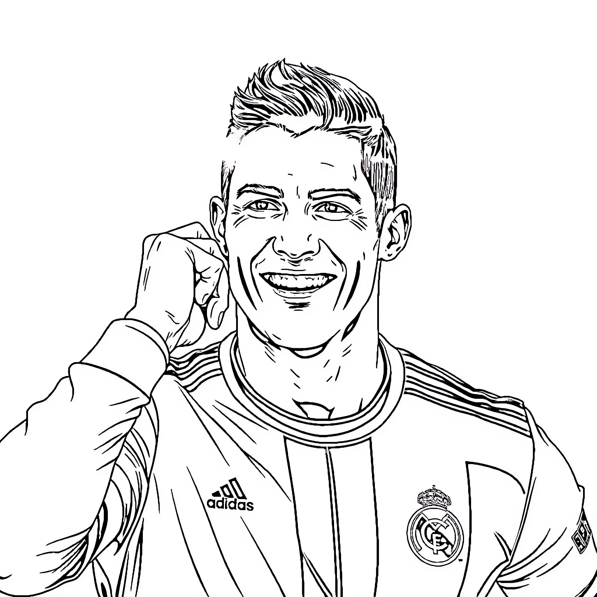 Cristiano Ronaldo in sports uniform and joyful expression Coloring Page (free black-and-white line drawing printable PDF for all, from beginners to advanced learners, including children, teens, adults, and seniors)