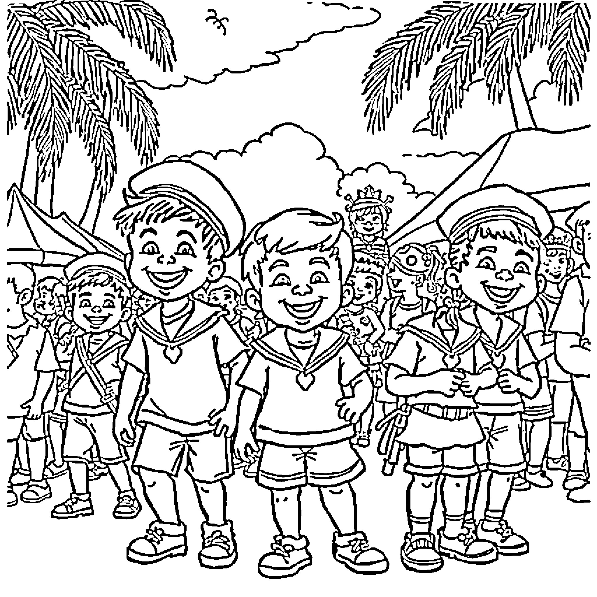 Kid scouts exploring tropical landscape together Coloring Page (free black-and-white line drawing printable PDF for all, from beginners to advanced learners, including children, teens, adults, and seniors)