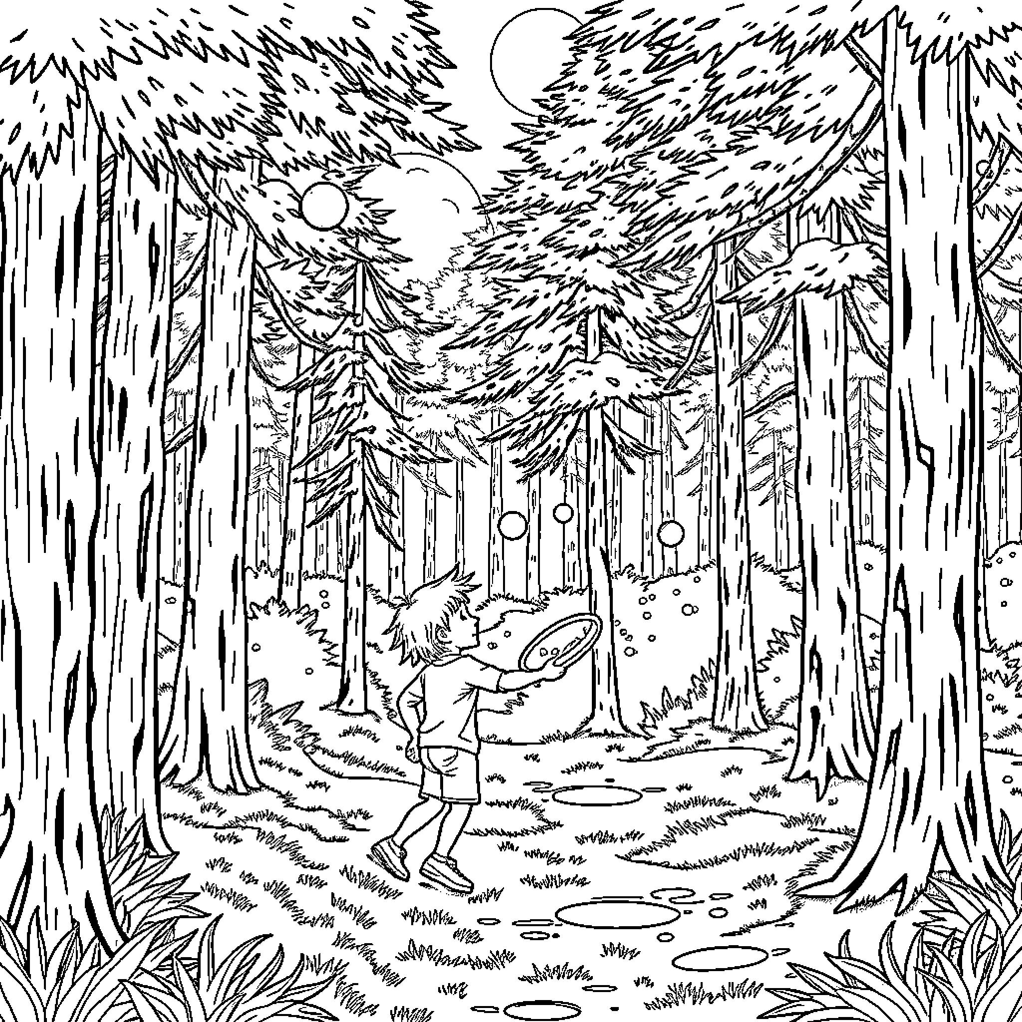 Kid exploring the enchanted forest at night Coloring Page (free black-and-white line drawing printable PDF for all, from beginners to advanced learners, including children, teens, adults, and seniors)
